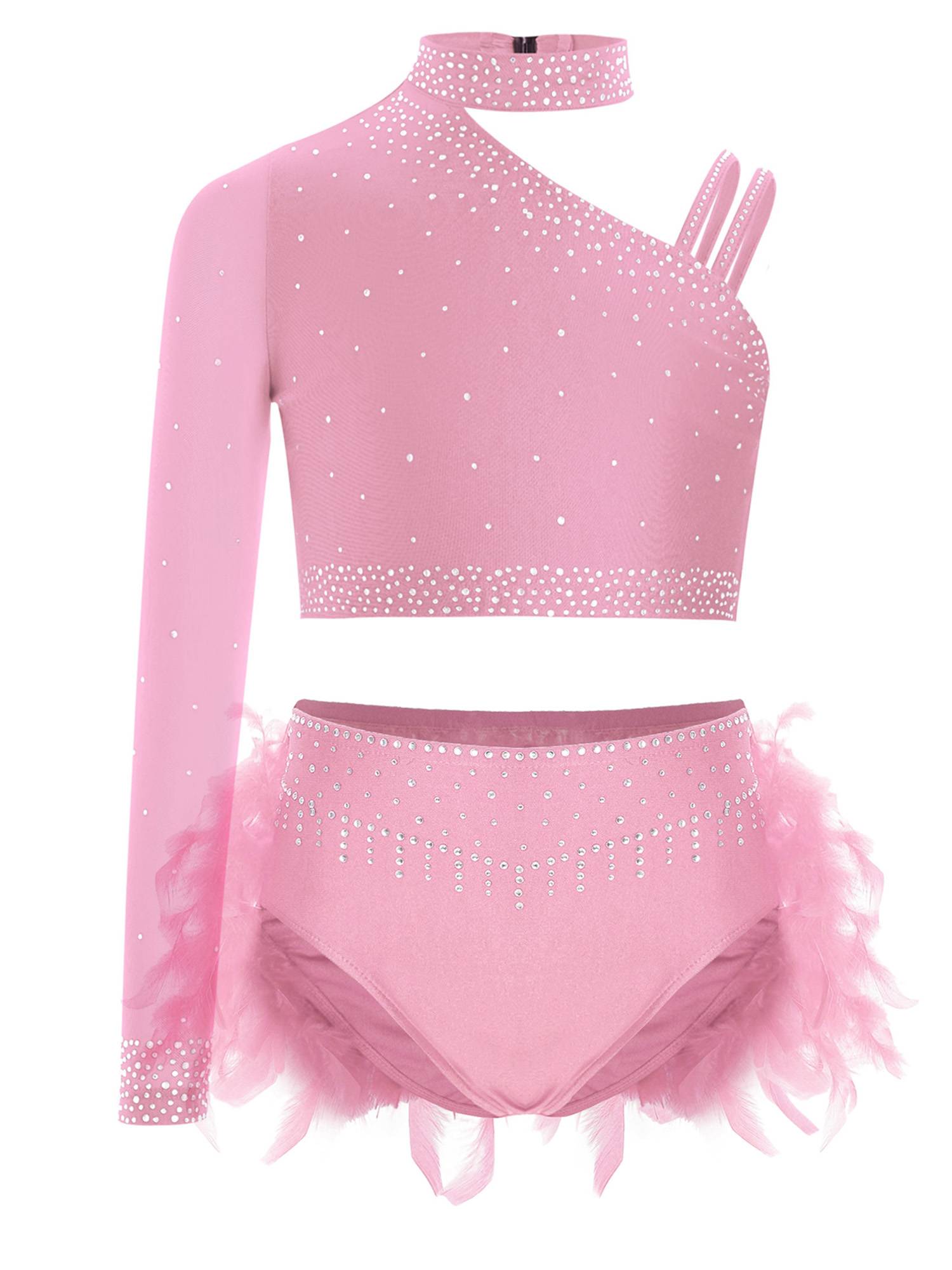 Girls Sparkly Rhinestone 2Pcs Jazz Dance Outfit Crop Top and Feather Skirt