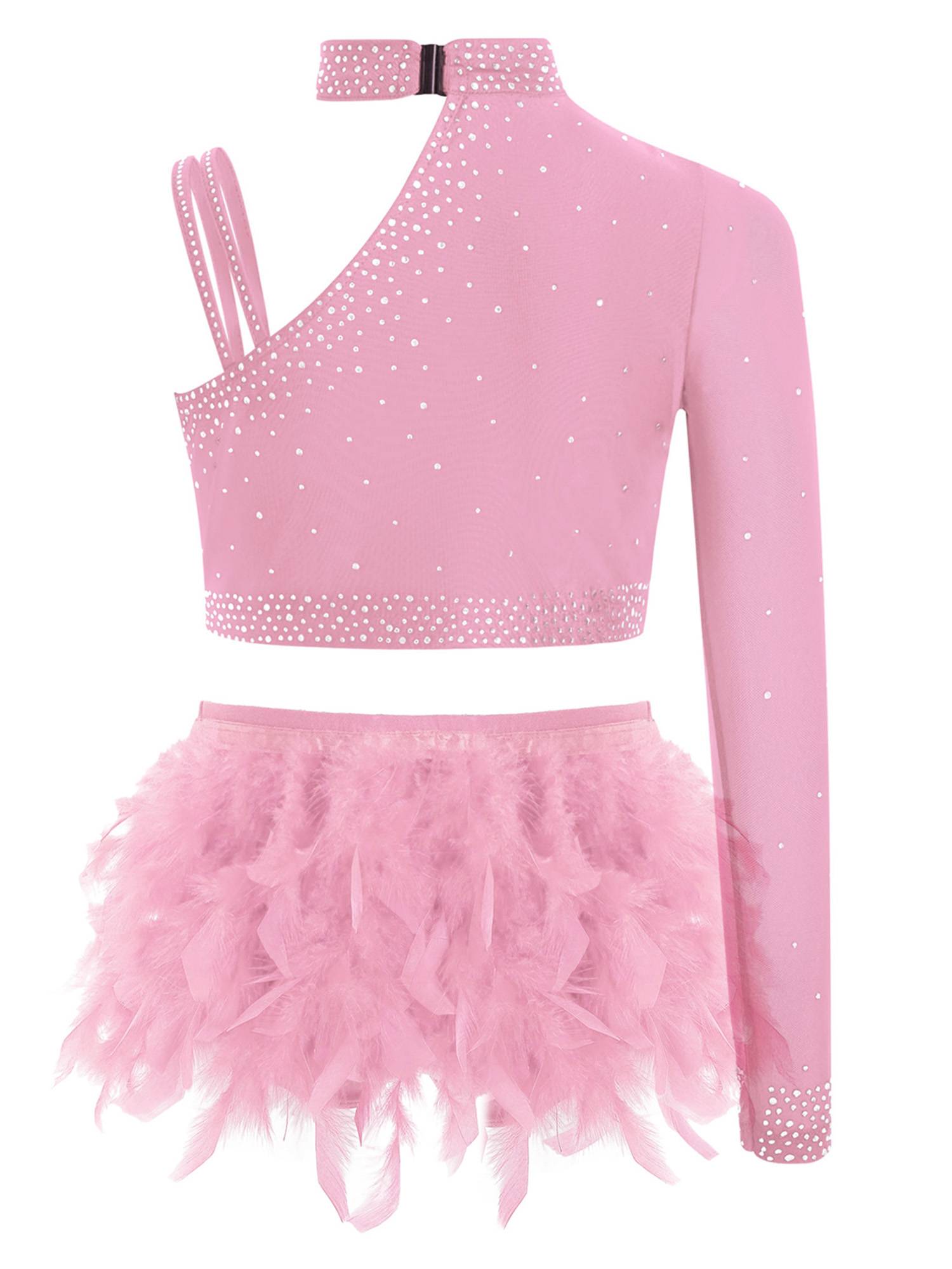 Girls Sparkly Rhinestone 2Pcs Jazz Dance Outfit Crop Top and Feather Skirt