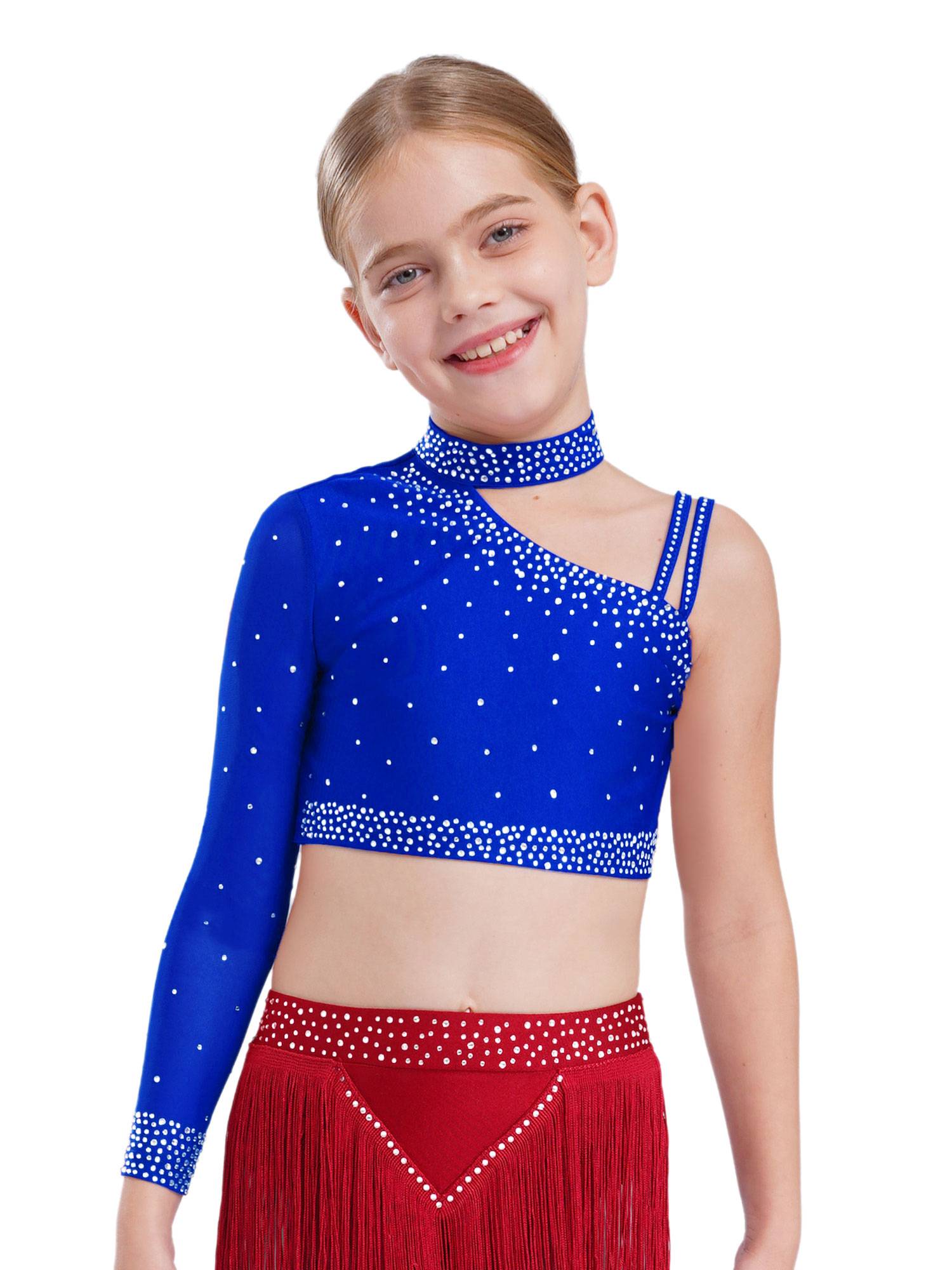 Girls Sparkly Rhinestone 2Pcs Jazz Dance Outfit Crop Top and Feather Skirt