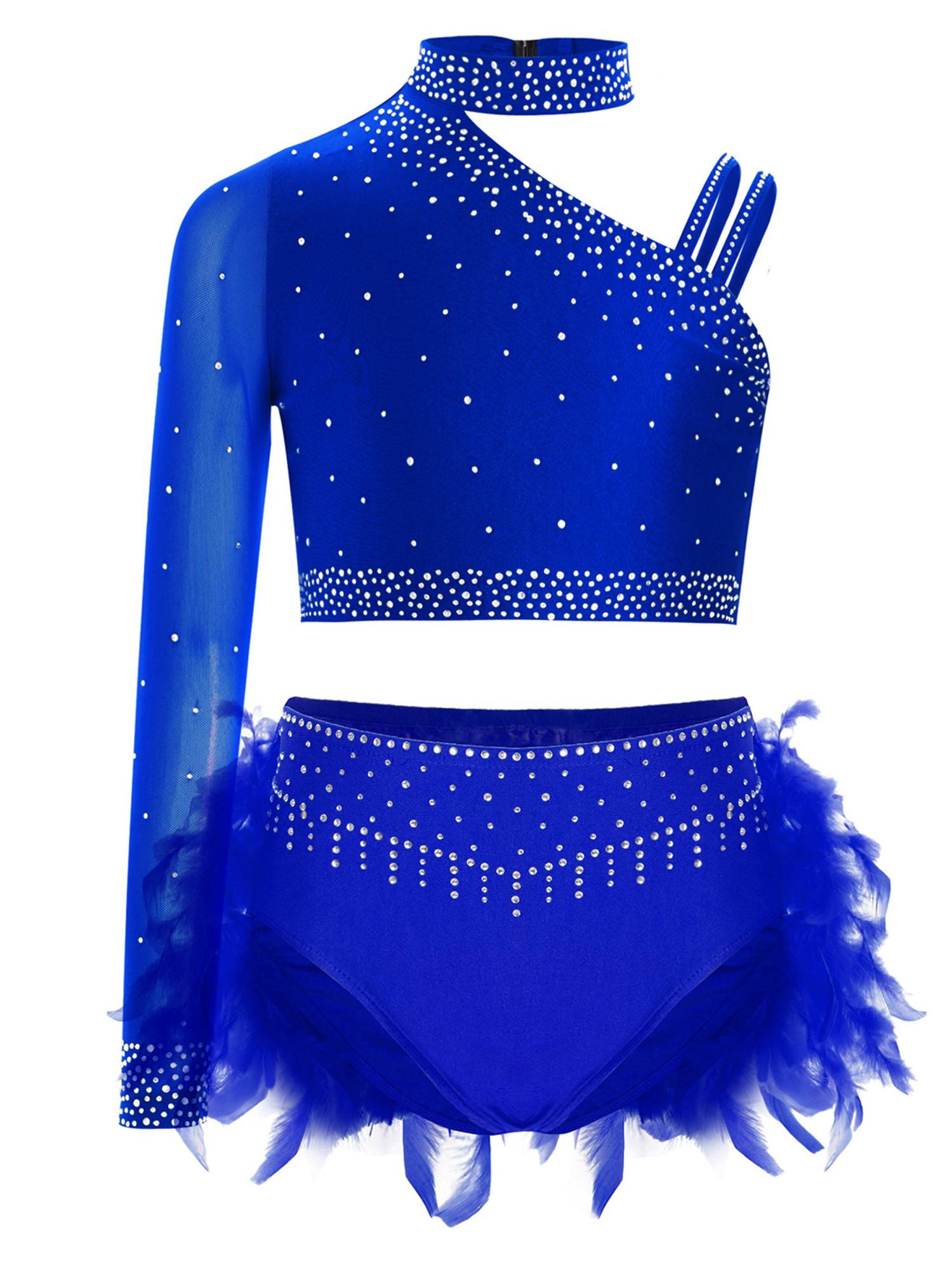 Girls Sparkly Rhinestone 2Pcs Jazz Dance Outfit Crop Top and Feather Skirt