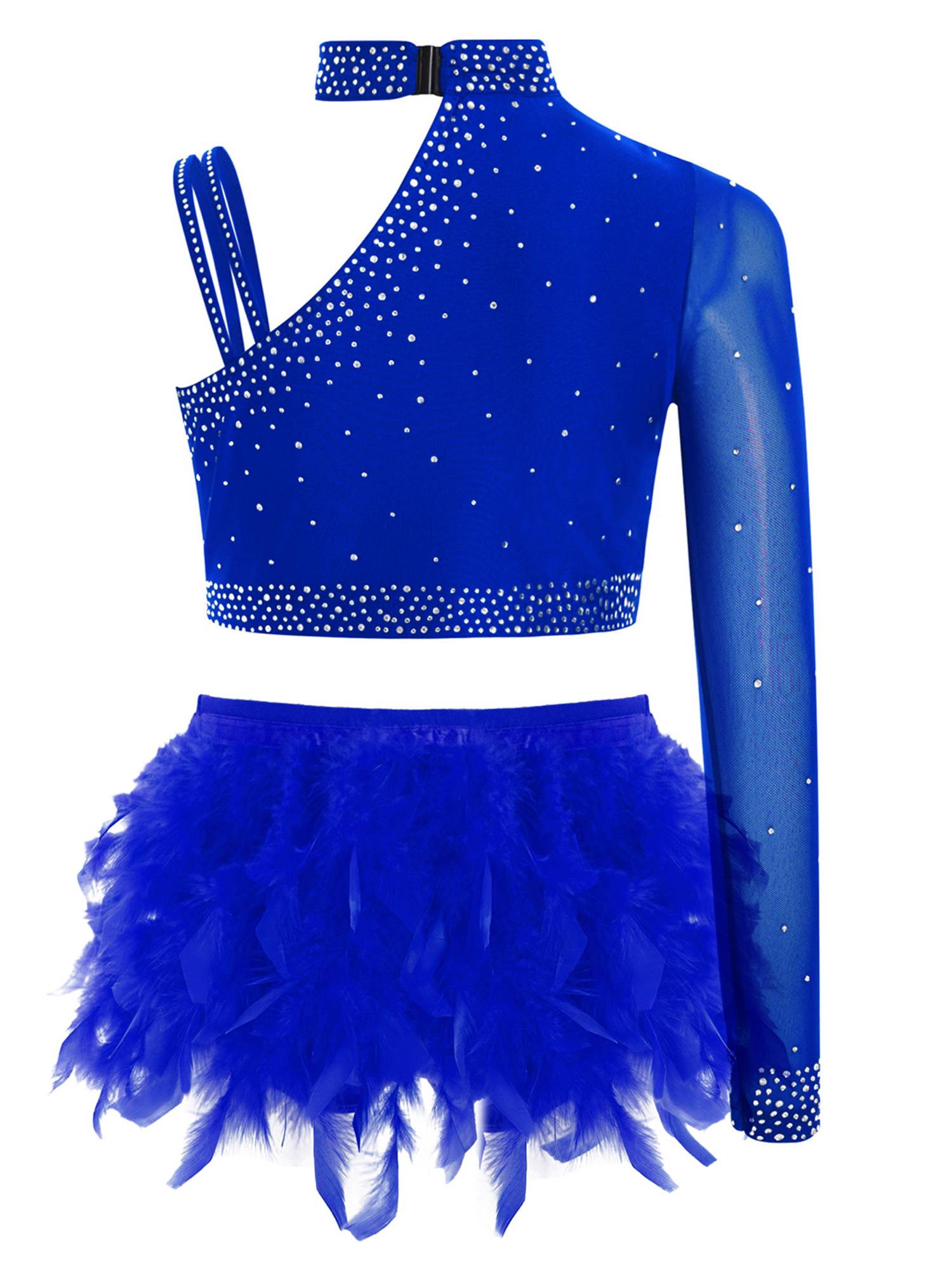 Girls Sparkly Rhinestone 2Pcs Jazz Dance Outfit Crop Top and Feather Skirt