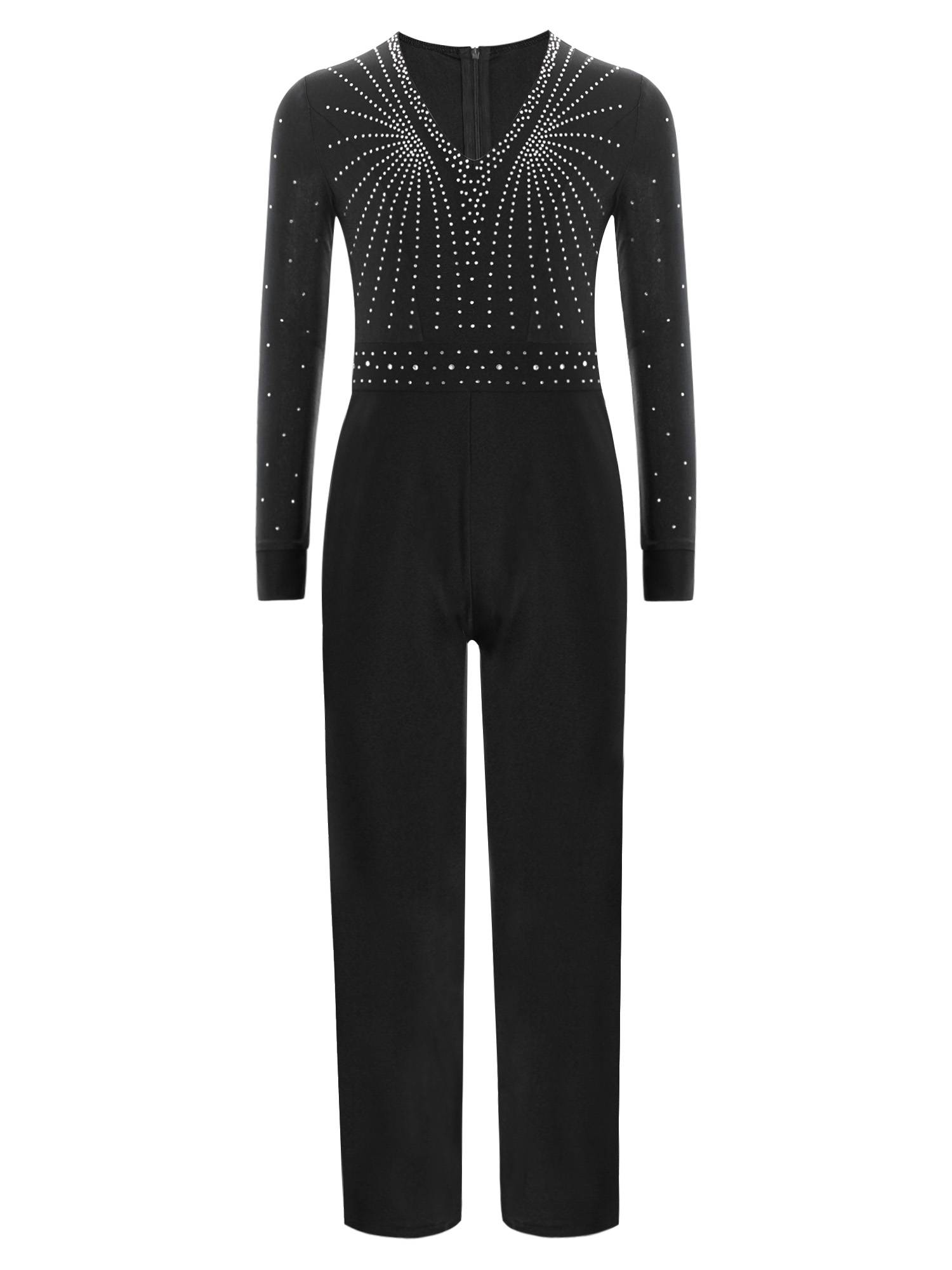 Kids Boys V Neck Long Sleeve Color Block Jumpsuit for Latin Dance