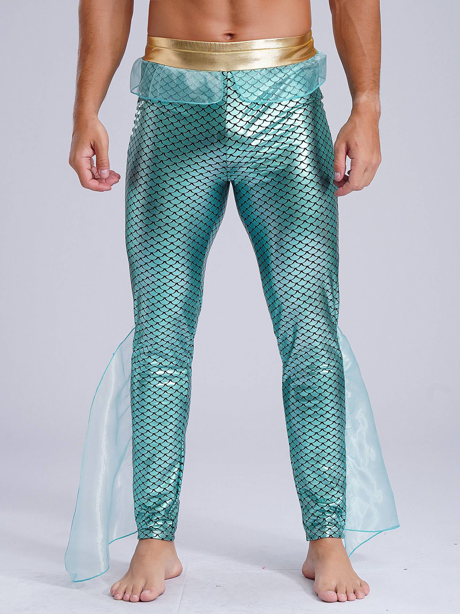 Men Mermaid Aquaman Costume Metallic Shiny Fishscale Print Pants