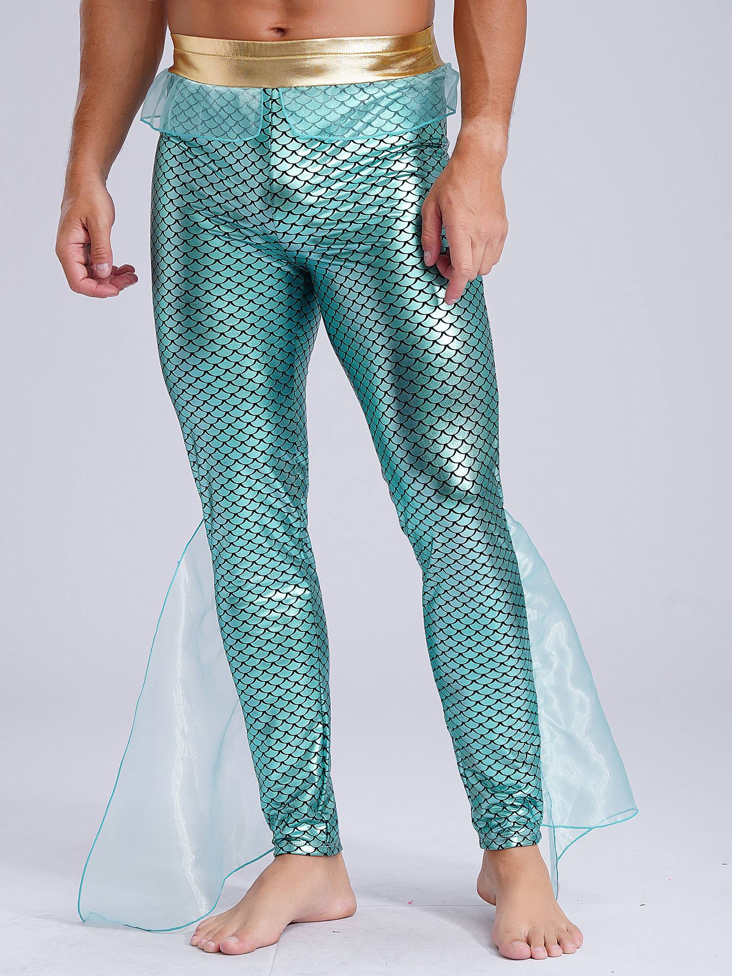 Men Mermaid Aquaman Costume Metallic Shiny Fishscale Print Pants
