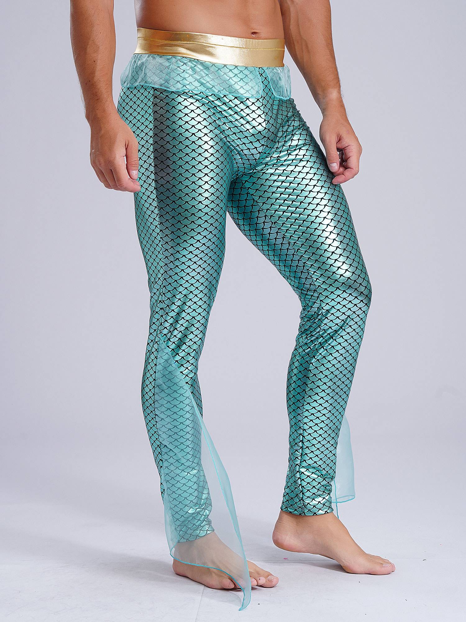 Men Mermaid Aquaman Costume Metallic Shiny Fishscale Print Pants
