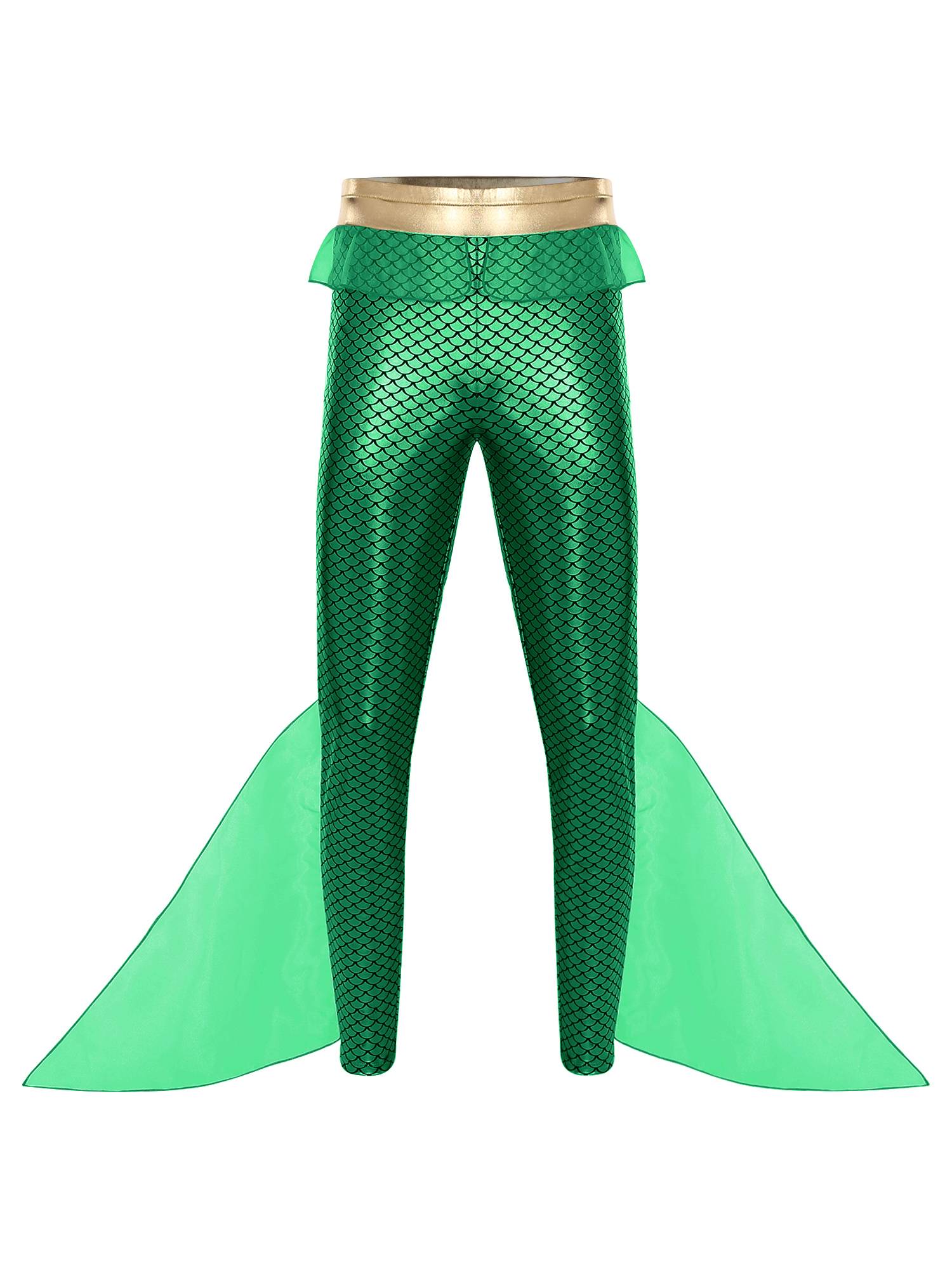 Men Mermaid Aquaman Costume Metallic Shiny Fishscale Print Pants
