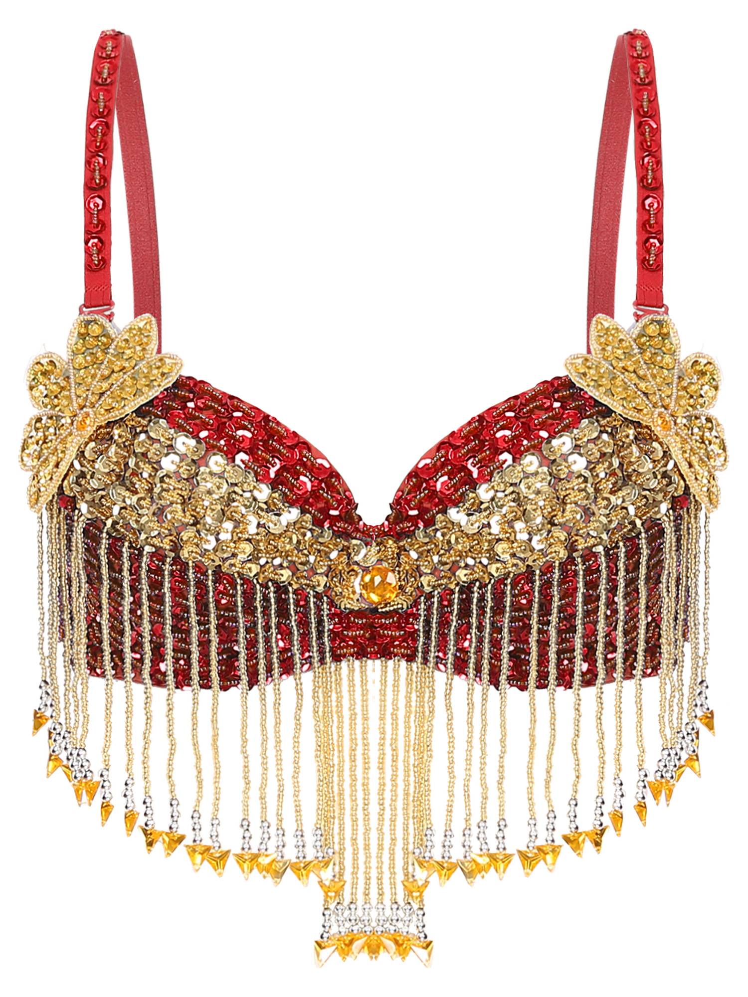 Women Sequins Straps Plastic Beaded Tassels Underwired Bra for Belly Dance