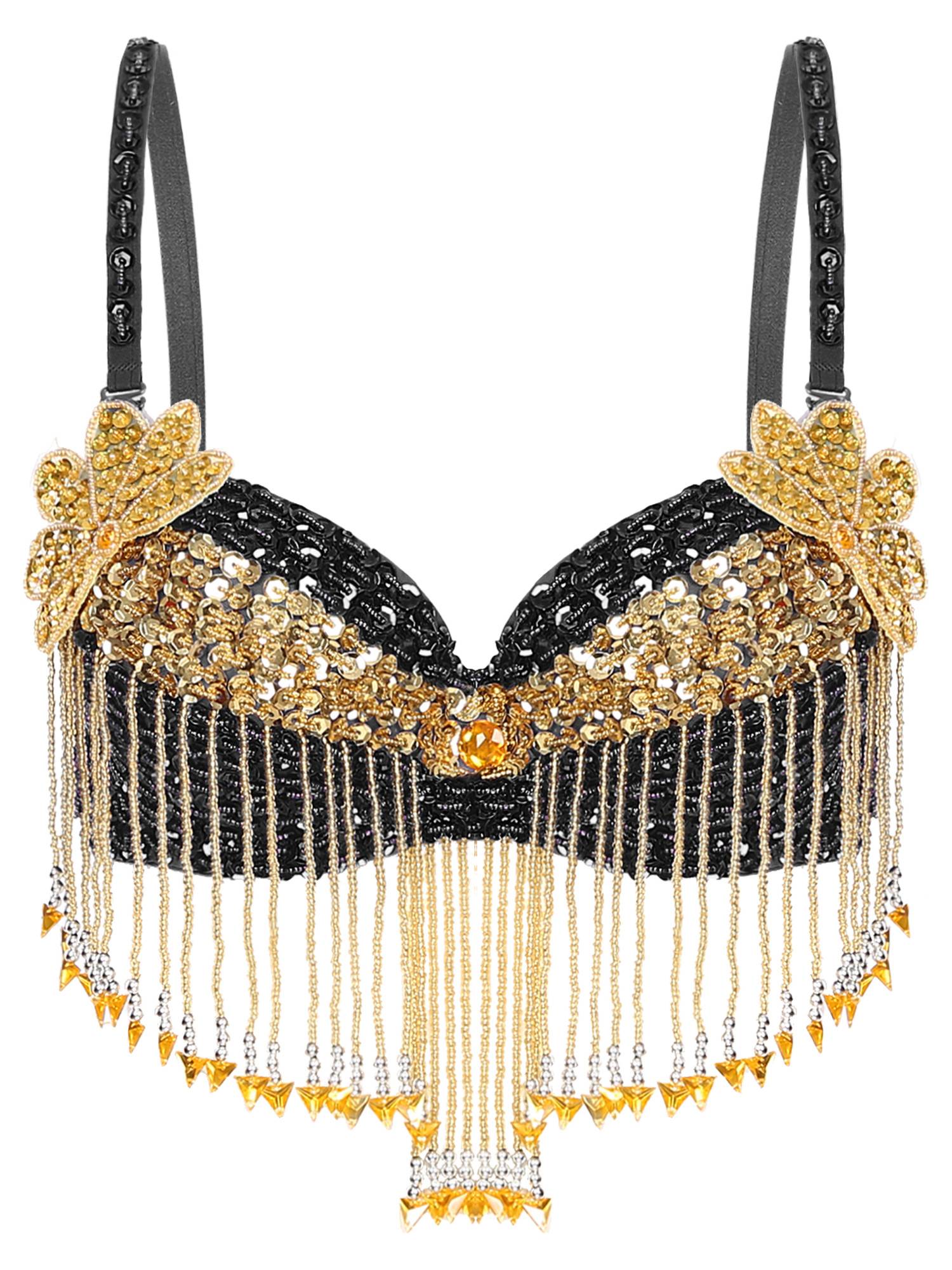 Women Sequins Straps Plastic Beaded Tassels Underwired Bra for Belly Dance