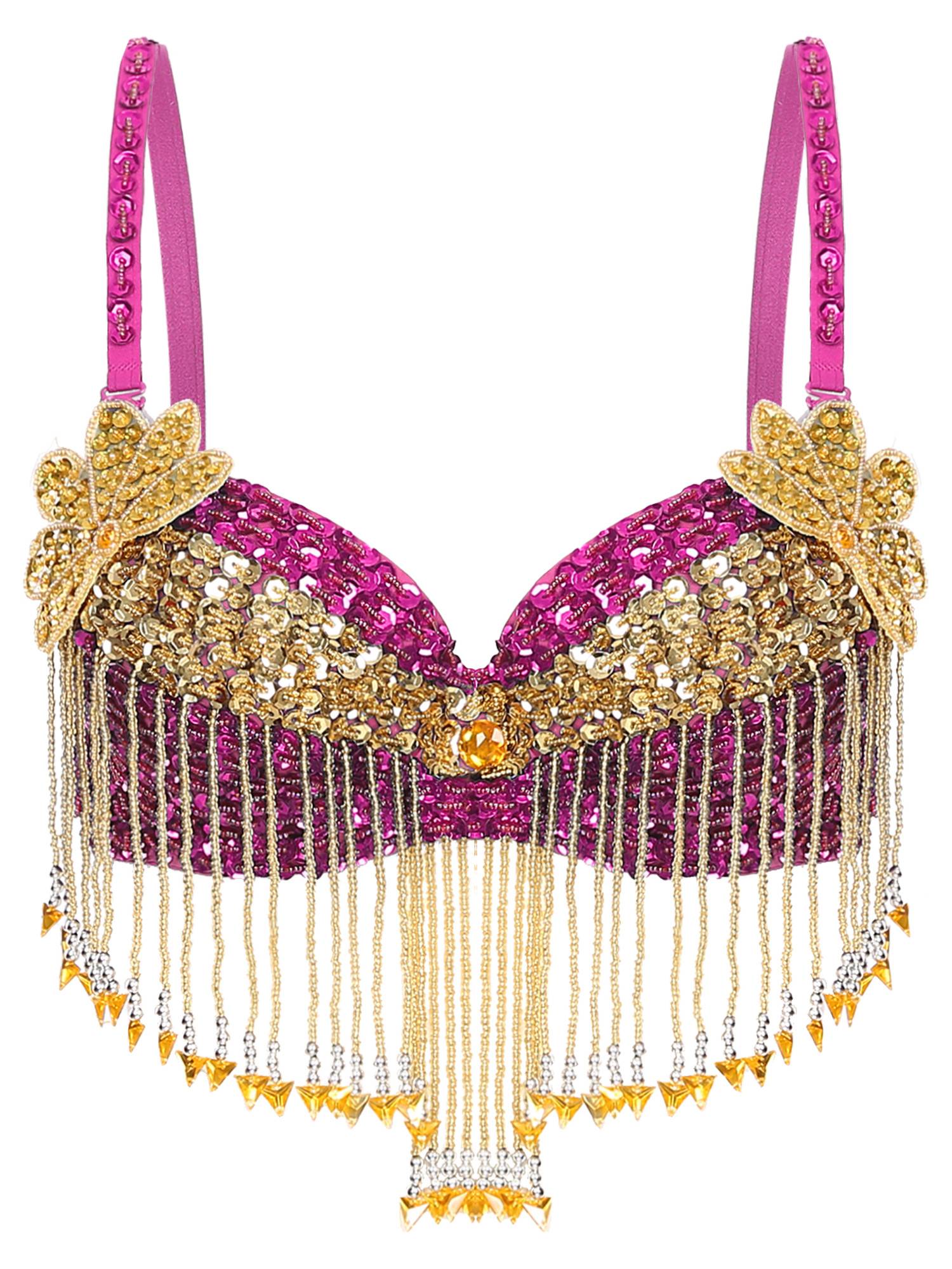 Women Sequins Straps Plastic Beaded Tassels Underwired Bra for Belly Dance