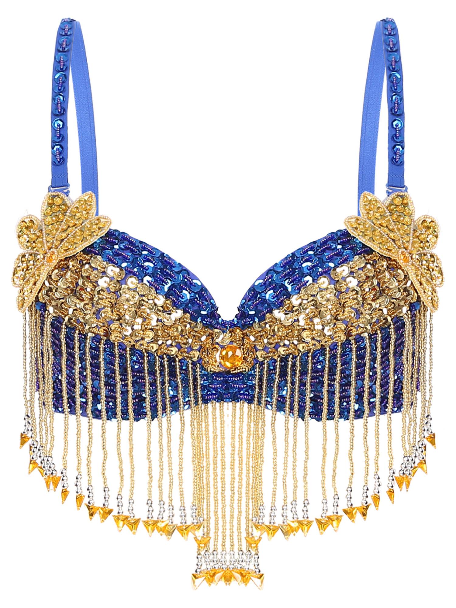 Women Sequins Straps Plastic Beaded Tassels Underwired Bra for Belly Dance