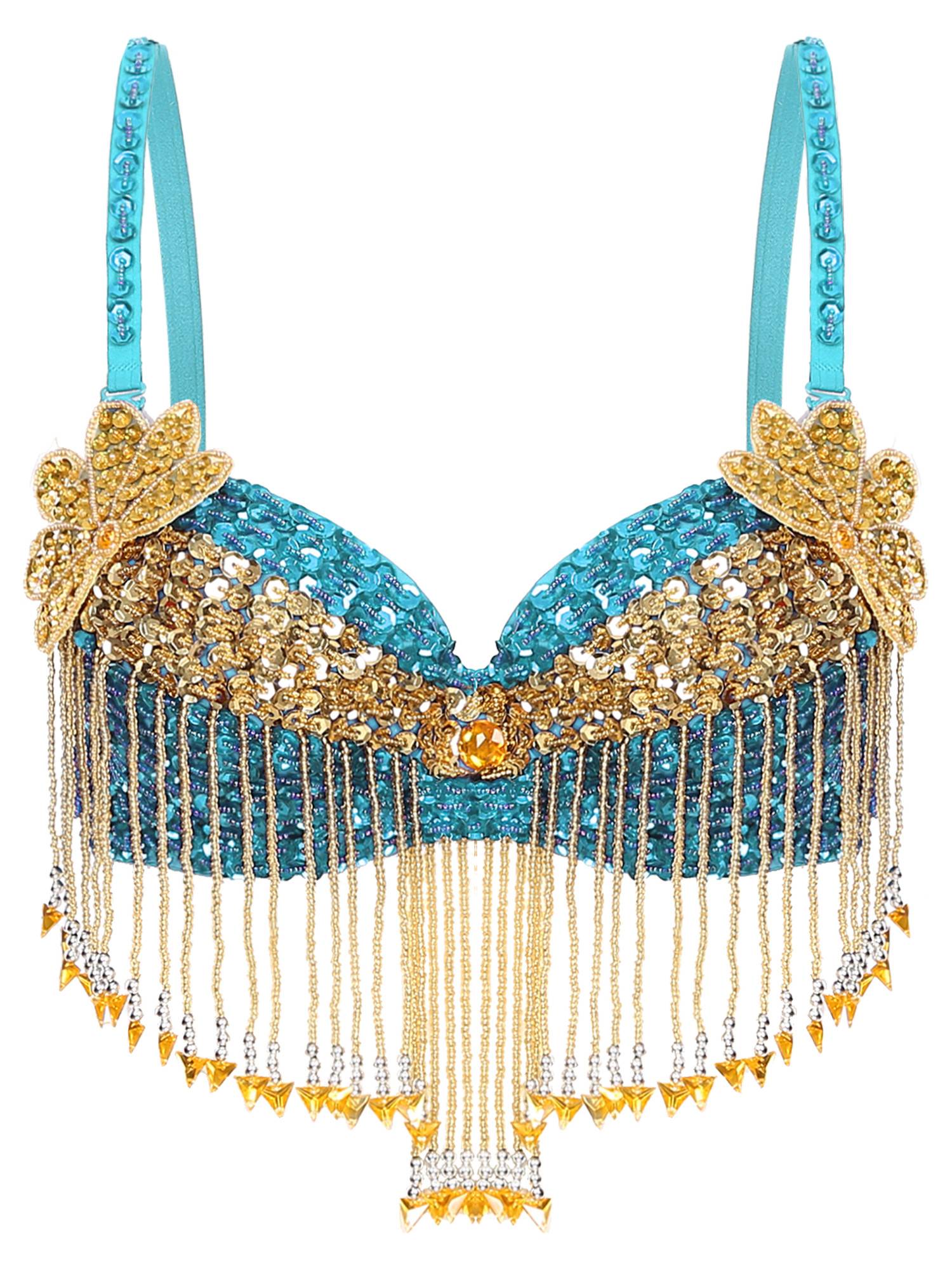 Women Sequins Straps Plastic Beaded Tassels Underwired Bra for Belly Dance