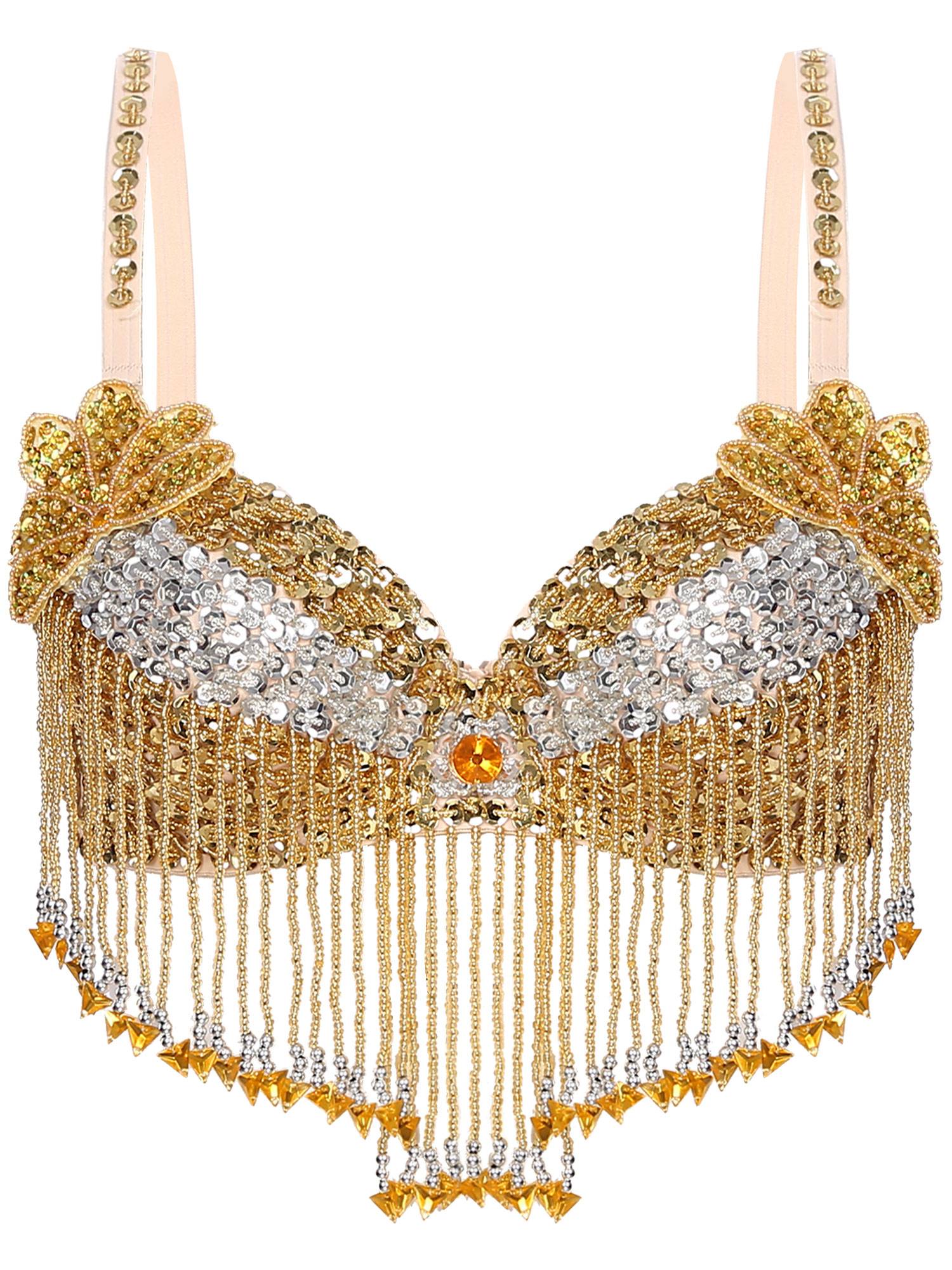 Women Sequins Straps Plastic Beaded Tassels Underwired Bra for Belly Dance