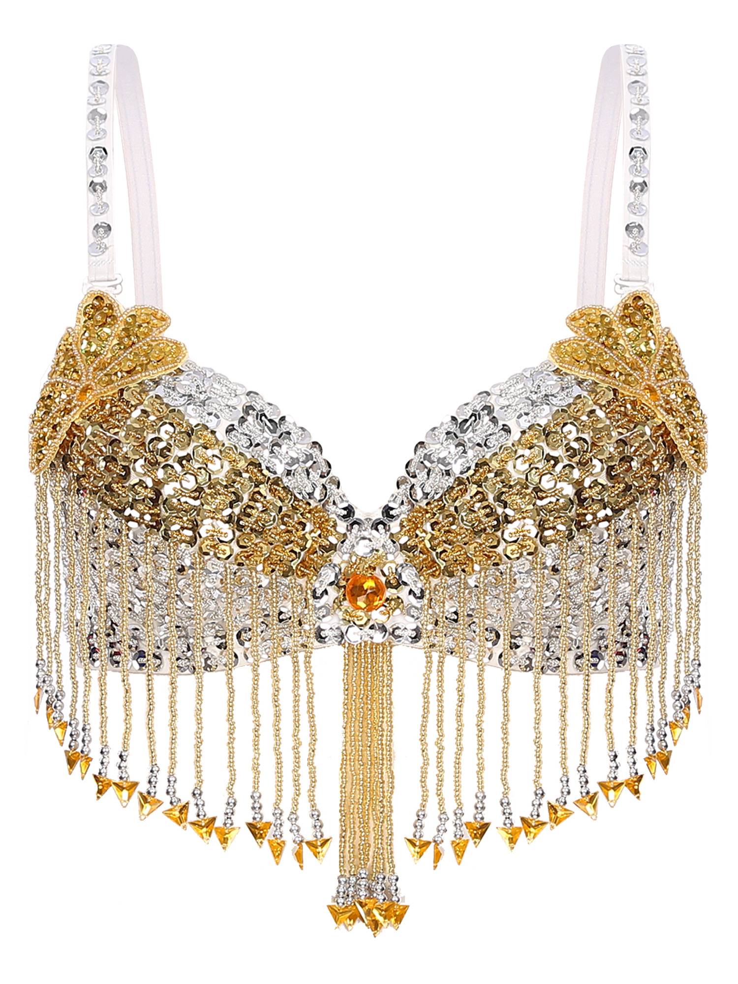 Women Sequins Straps Plastic Beaded Tassels Underwired Bra for Belly Dance