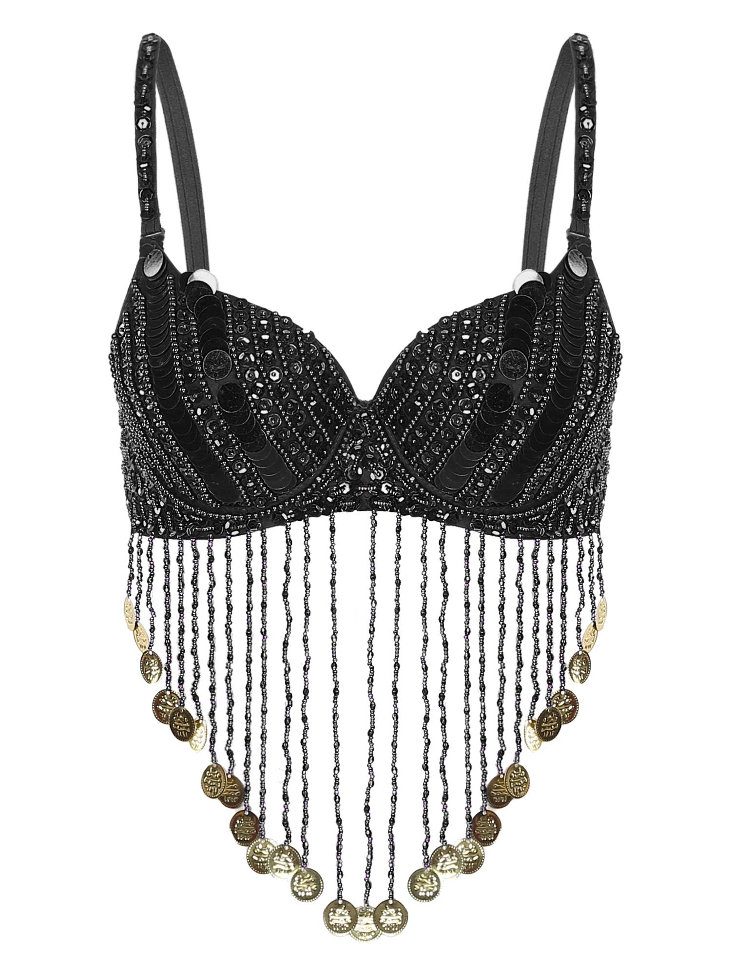Women Straps Sequins Plastic Beaded Tassels Belly Dance Underwired Bra Top