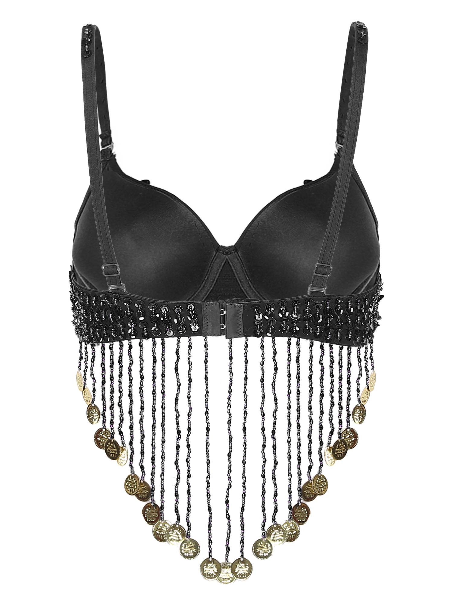 Women Straps Sequins Plastic Beaded Tassels Belly Dance Underwired Bra Top