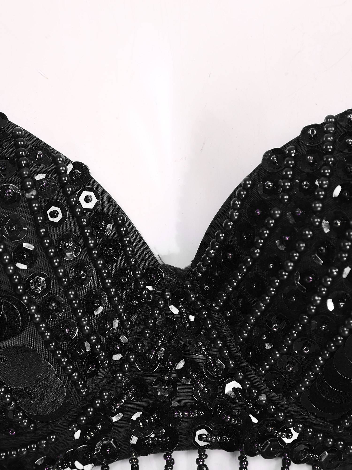 Women Straps Sequins Plastic Beaded Tassels Belly Dance Underwired Bra Top