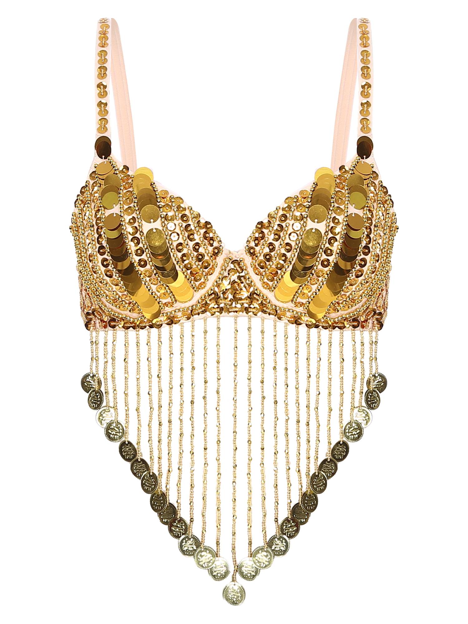 Women Straps Sequins Plastic Beaded Tassels Belly Dance Underwired Bra Top