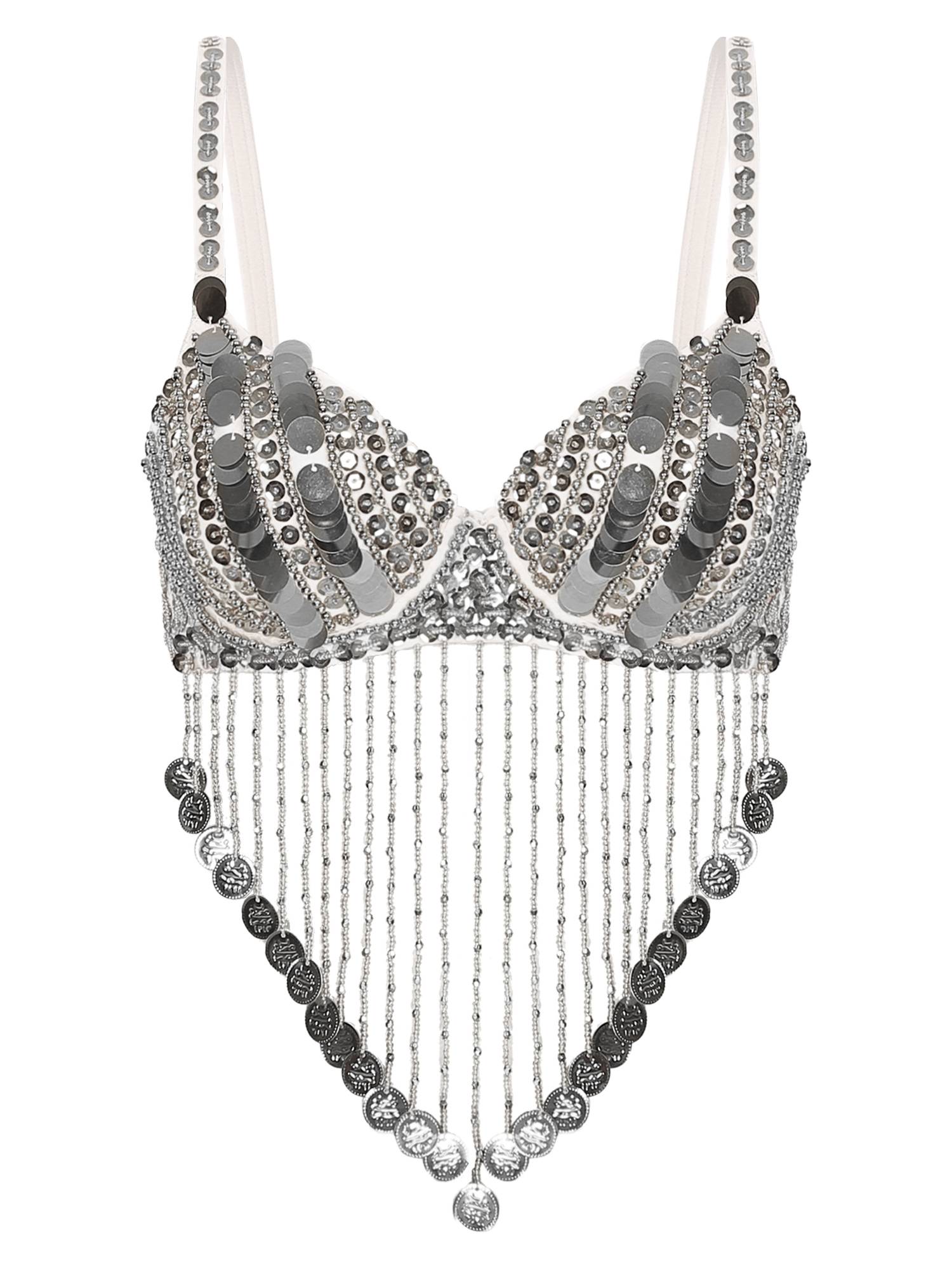 Women Straps Sequins Plastic Beaded Tassels Belly Dance Underwired Bra Top