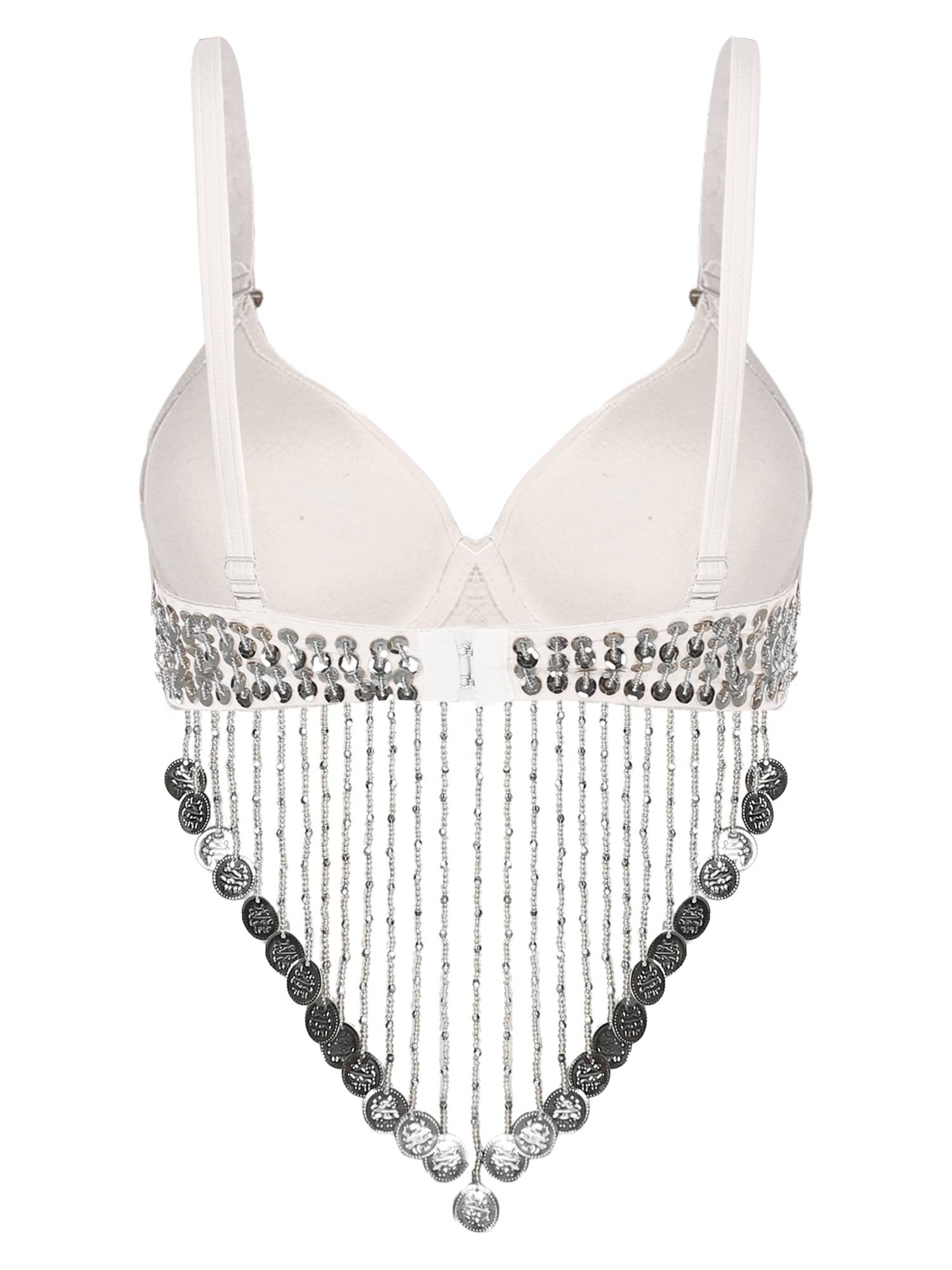 Women Straps Sequins Plastic Beaded Tassels Belly Dance Underwired Bra Top