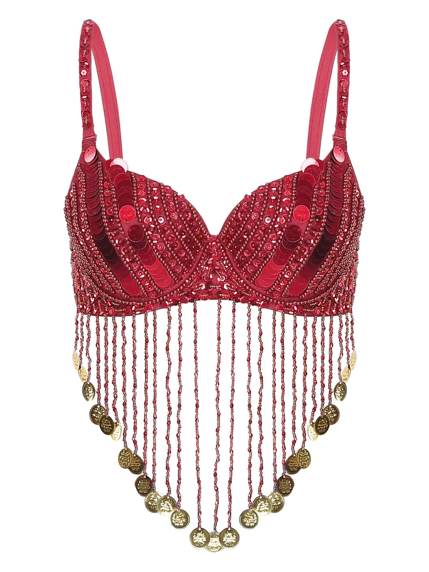 Women Straps Sequins Plastic Beaded Tassels Belly Dance Underwired Bra Top
