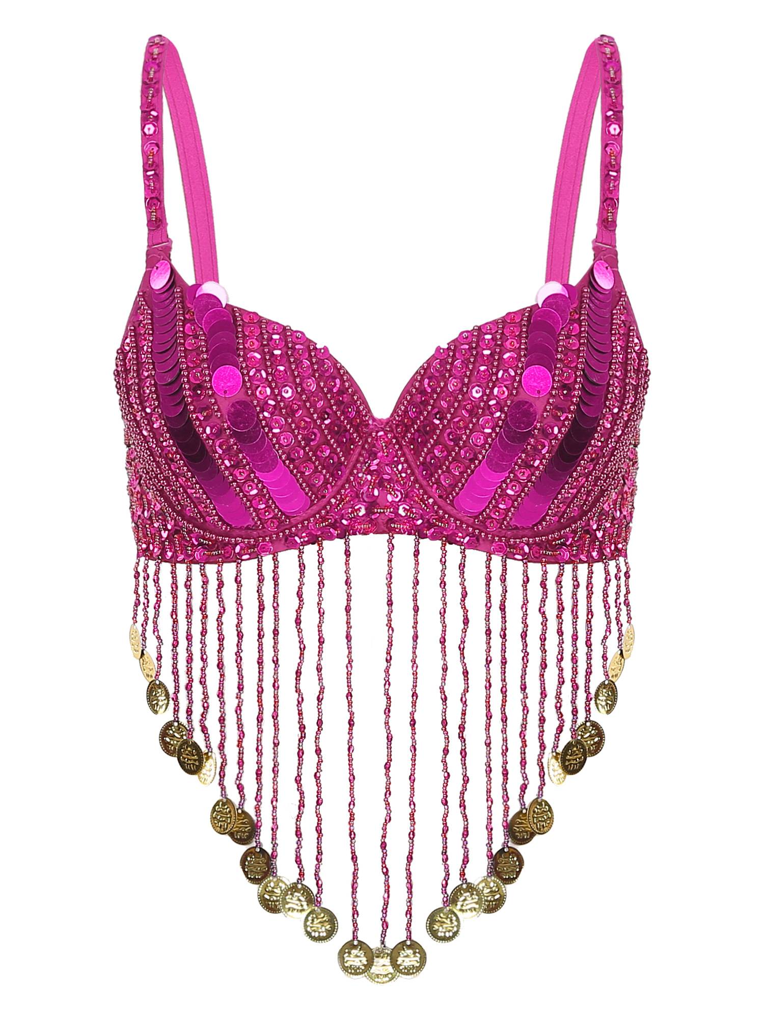 Women Straps Sequins Plastic Beaded Tassels Belly Dance Underwired Bra Top