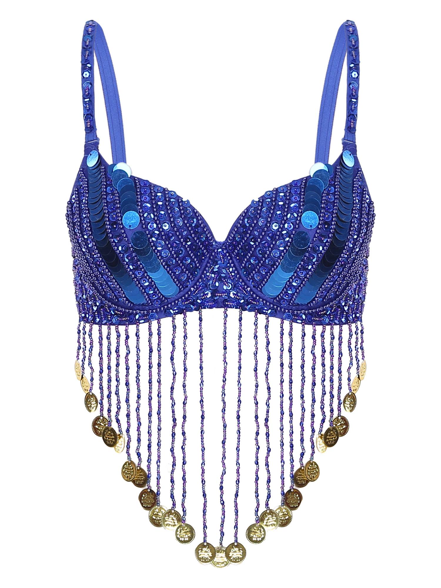 Women Straps Sequins Plastic Beaded Tassels Belly Dance Underwired Bra Top