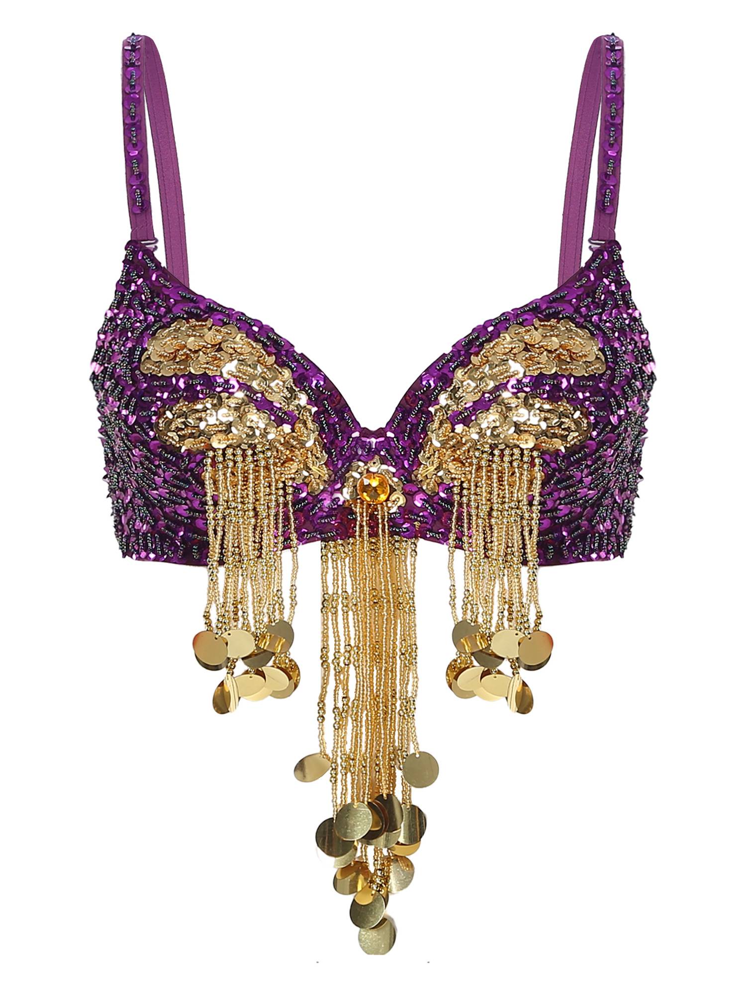 Women Beaded Tassels Straps Sequins Underwired Belly Dance Bra Top