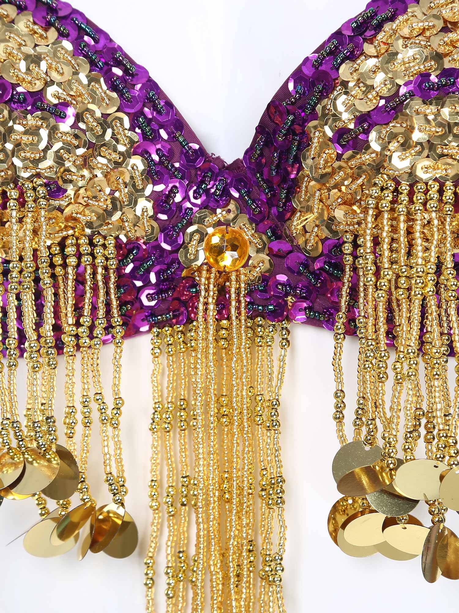 Women Beaded Tassels Straps Sequins Underwired Belly Dance Bra Top