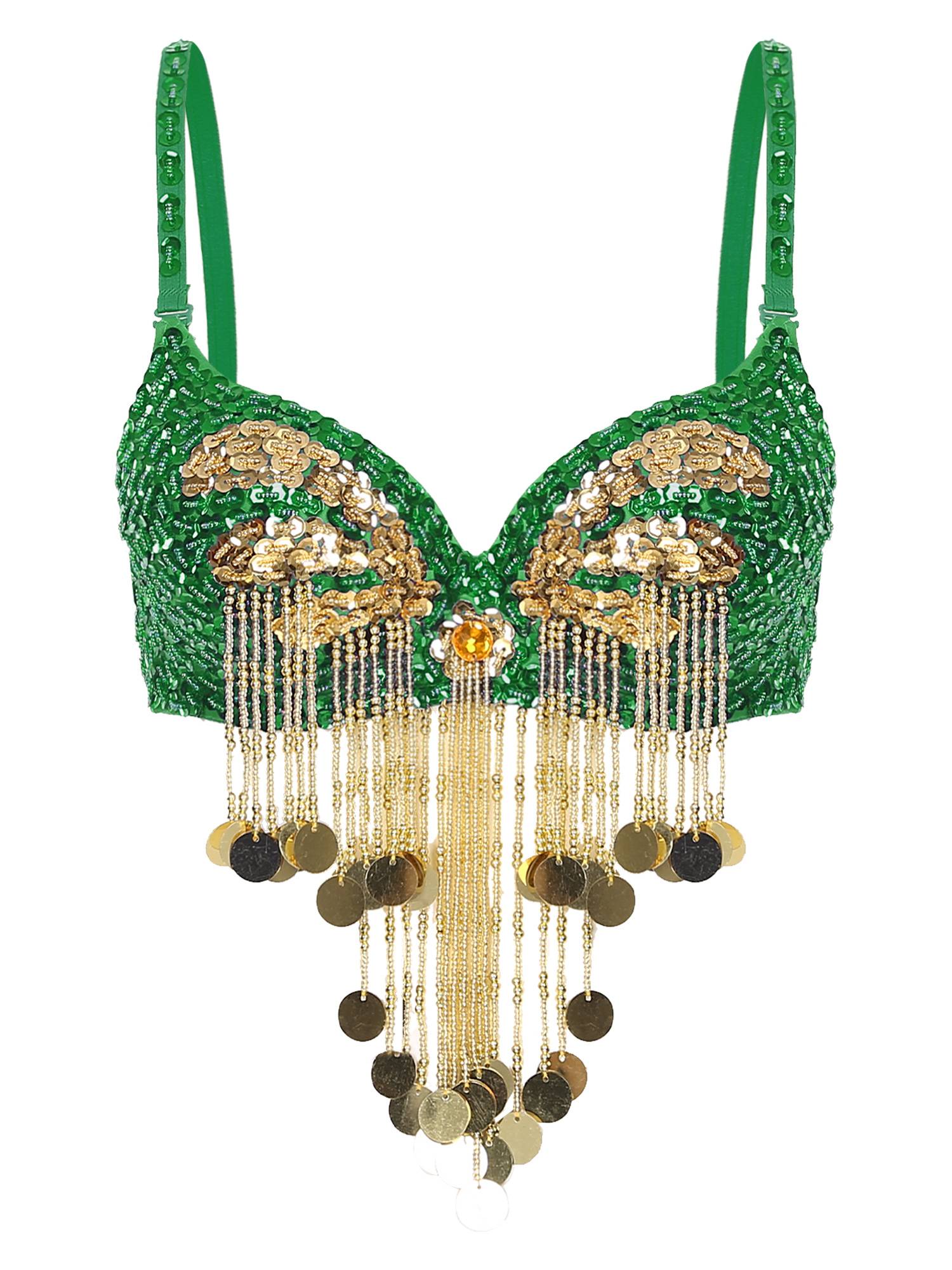 Women Beaded Tassels Straps Sequins Underwired Belly Dance Bra Top