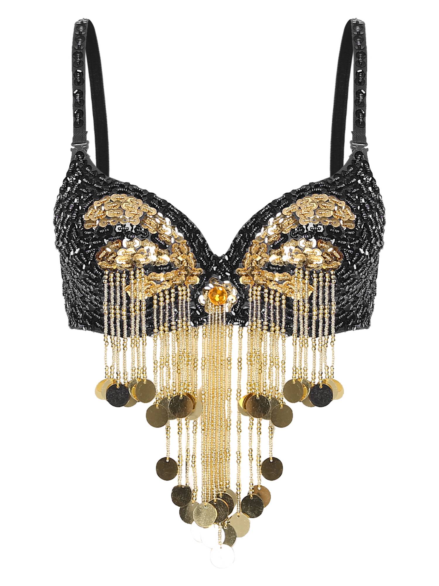 Women Beaded Tassels Straps Sequins Underwired Belly Dance Bra Top