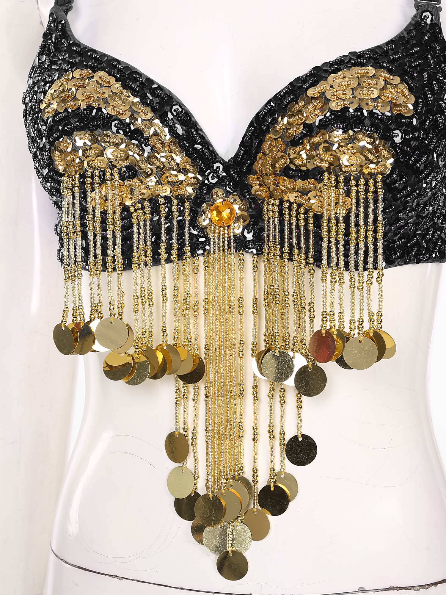 Women Beaded Tassels Straps Sequins Underwired Belly Dance Bra Top