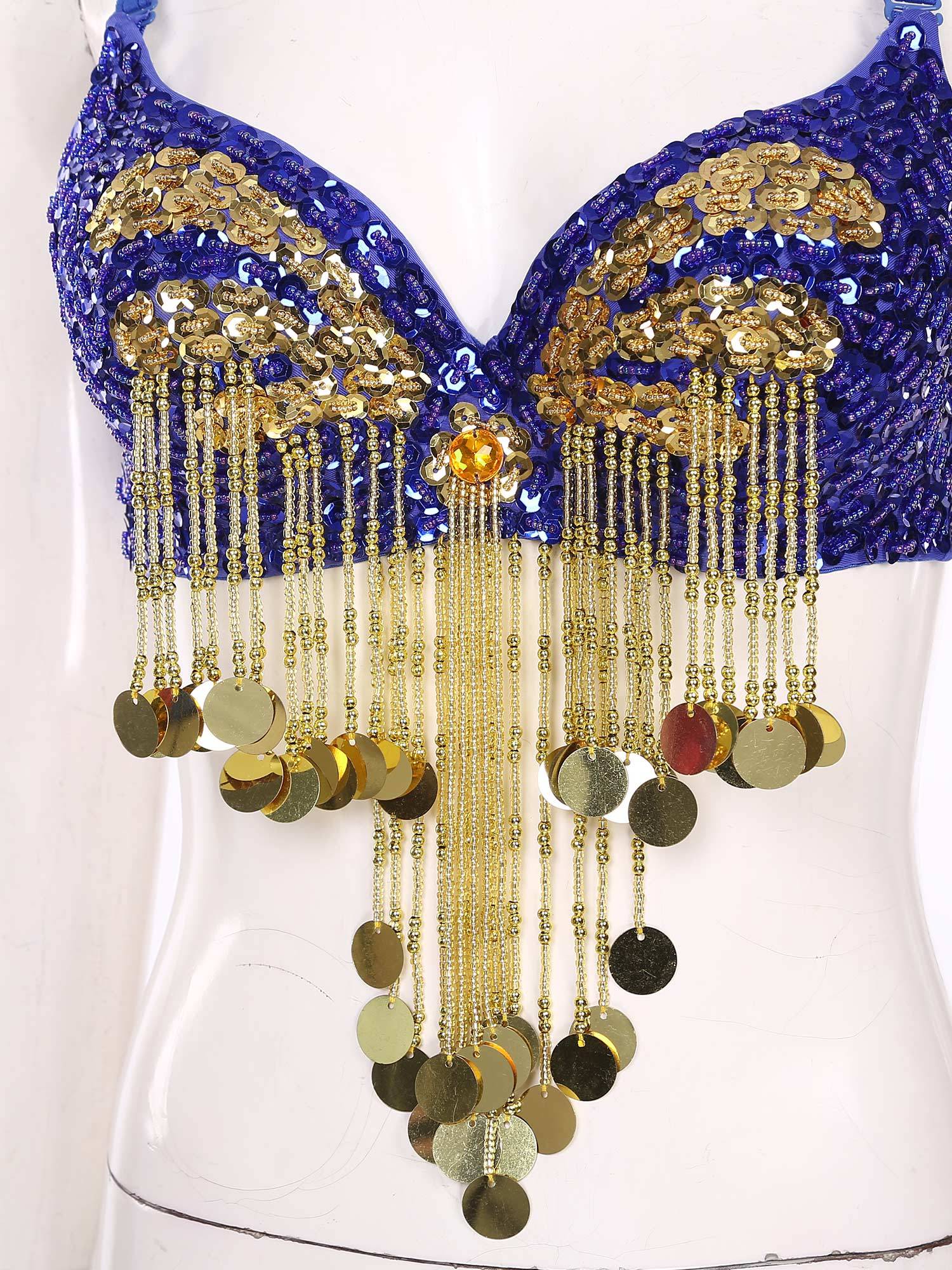 Women Beaded Tassels Straps Sequins Underwired Belly Dance Bra Top