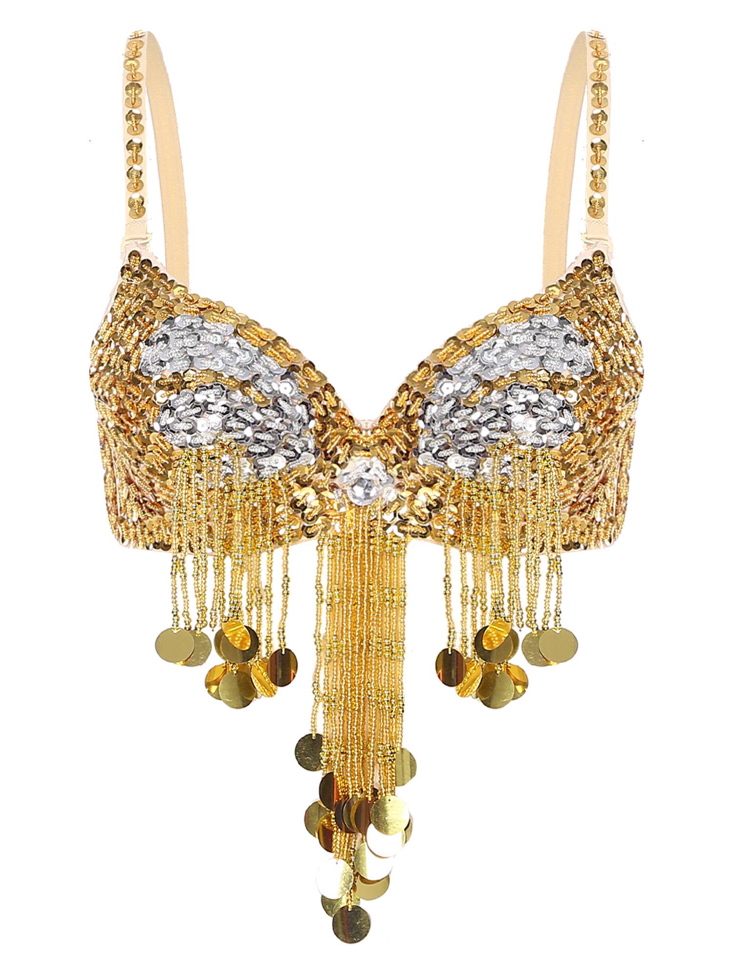 Women Beaded Tassels Straps Sequins Underwired Belly Dance Bra Top