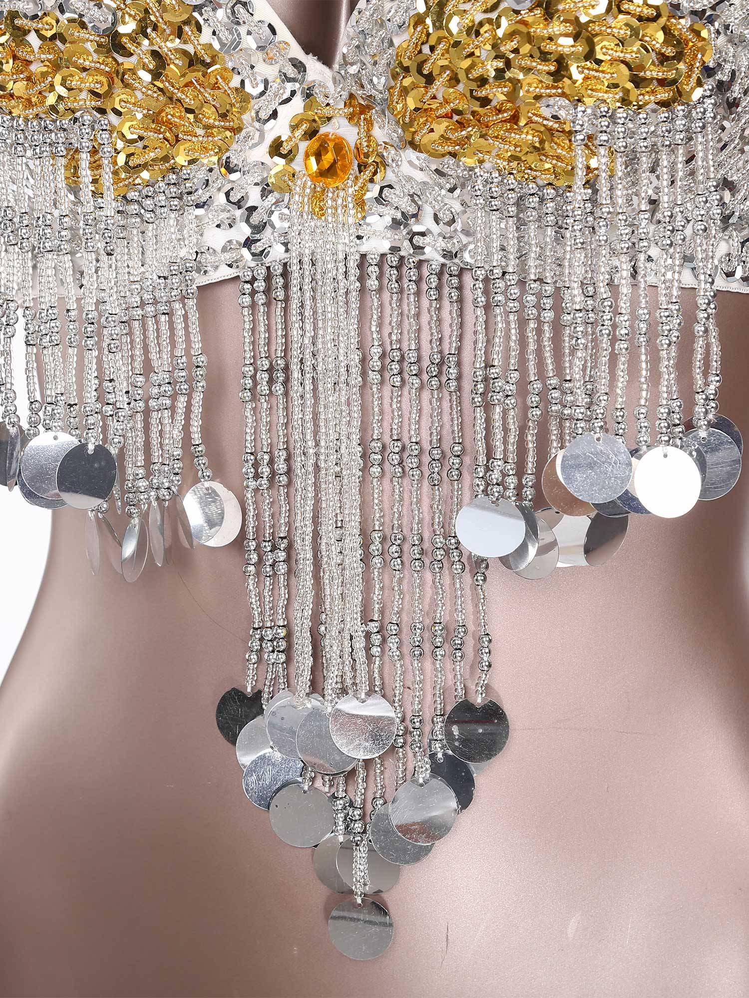 Women Beaded Tassels Straps Sequins Underwired Belly Dance Bra Top