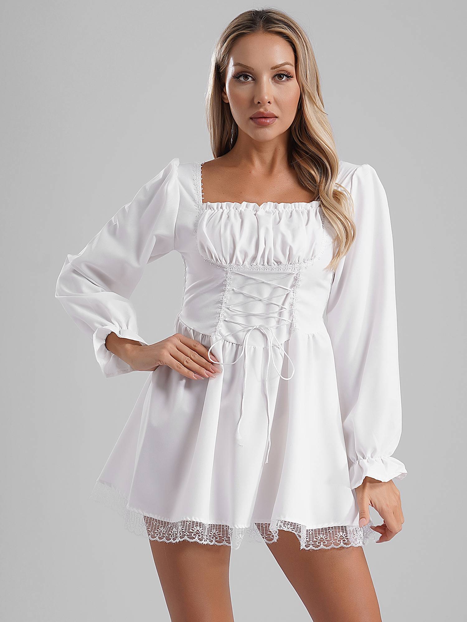 Women Long Sleeve Square Neck Lace-up Prom Dress