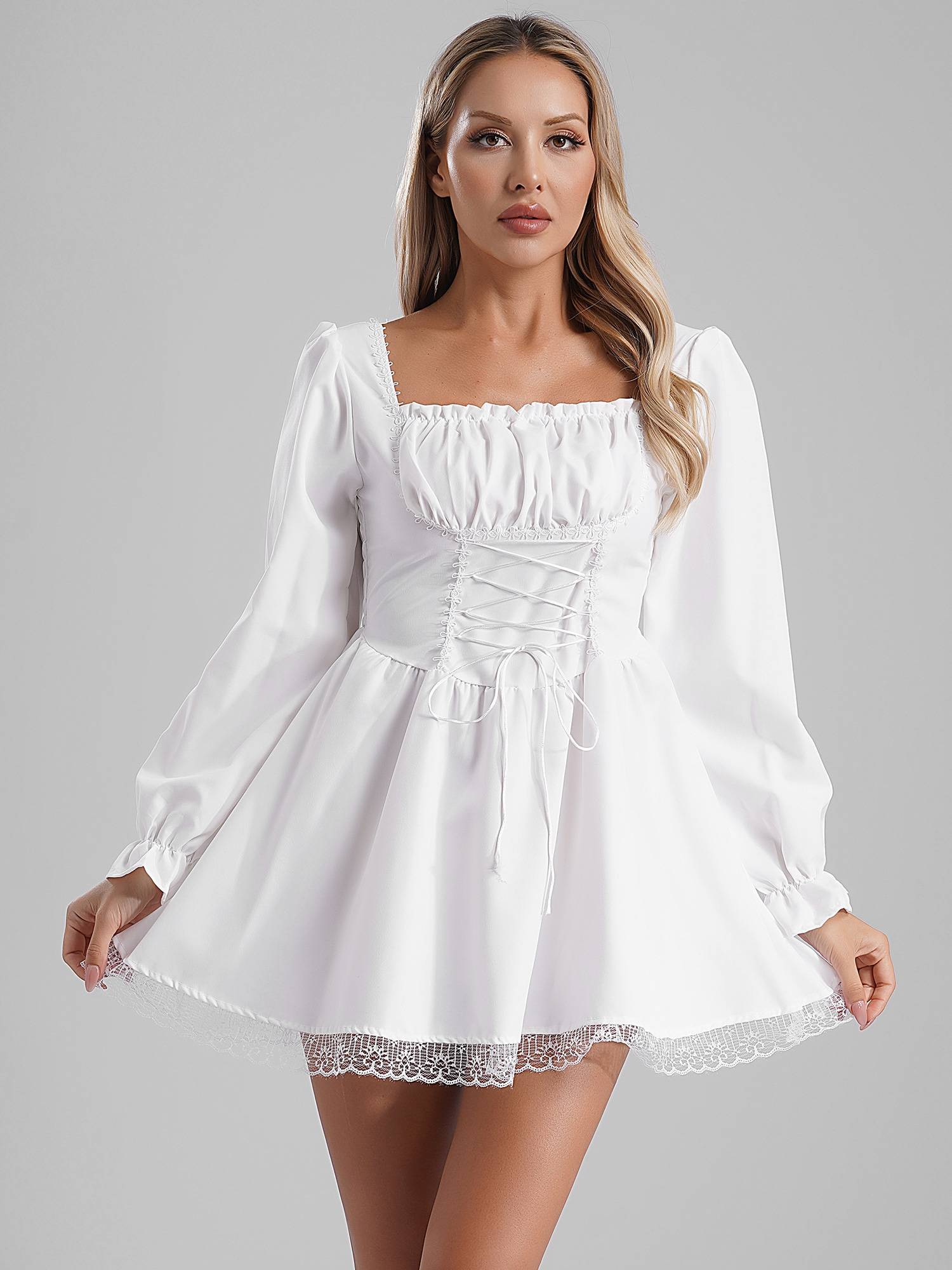 Women Long Sleeve Square Neck Lace-up Prom Dress