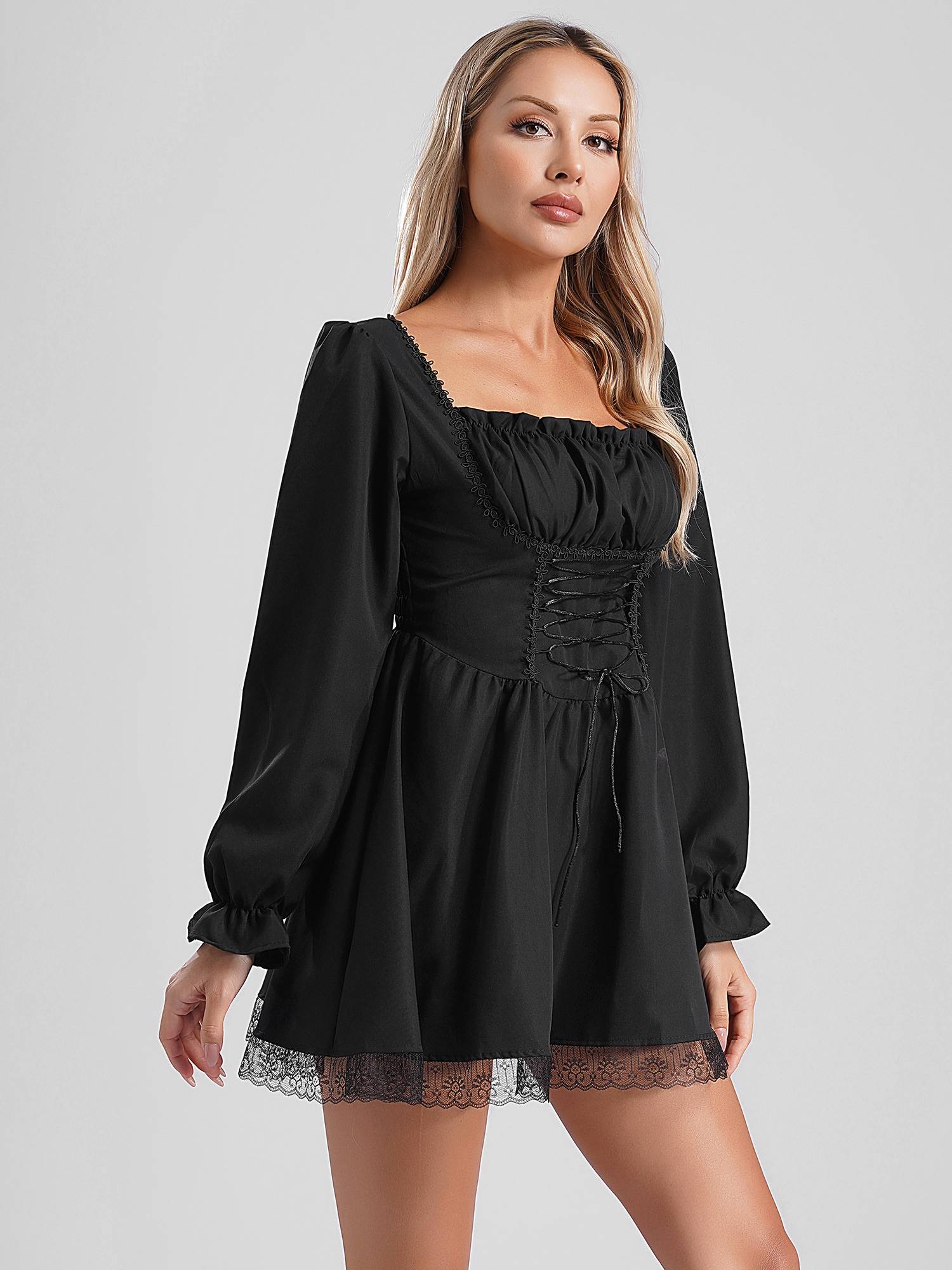 Women Long Sleeve Square Neck Lace-up Prom Dress