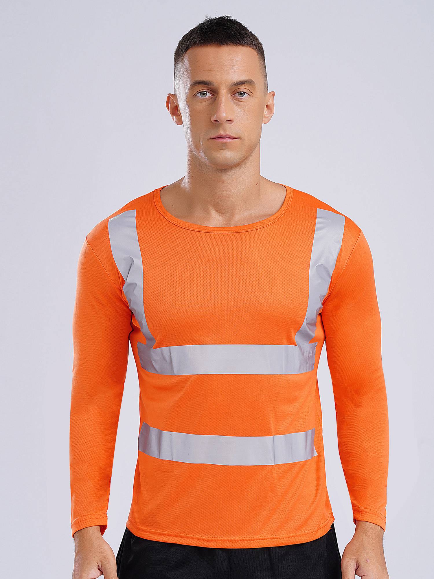 Men Long Sleeves Round Neck Reflective Stripes Sports T-shirt