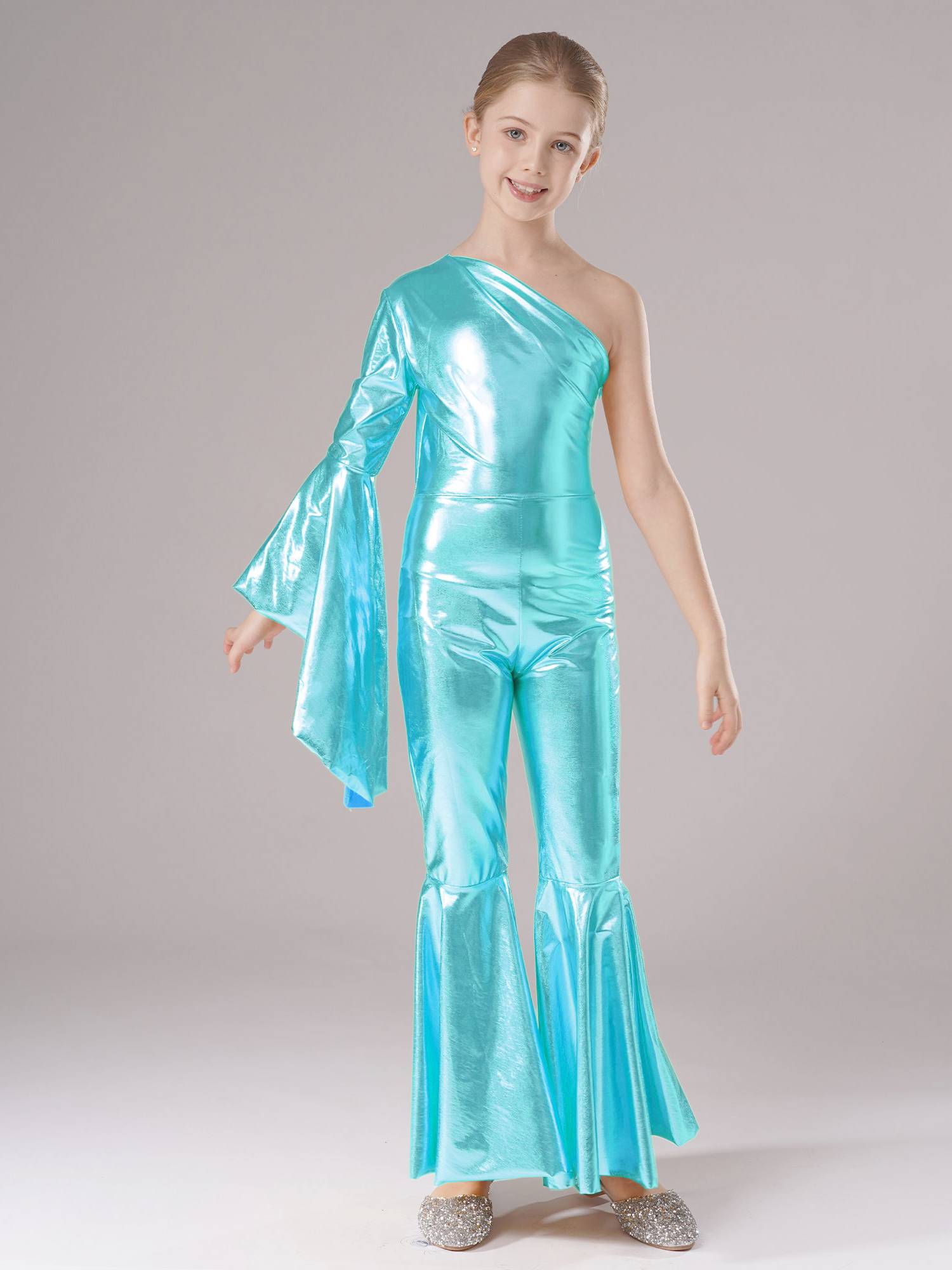 Kids Girls Metallic Shiny Bell-Bottom Jazz Dance Unitard Jumpsuit