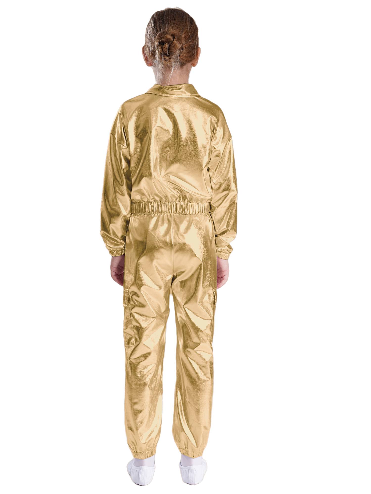 Kids 2pcs Metallic Long Sleeve Jacket and Shiny Pants Set for Jazz Dance