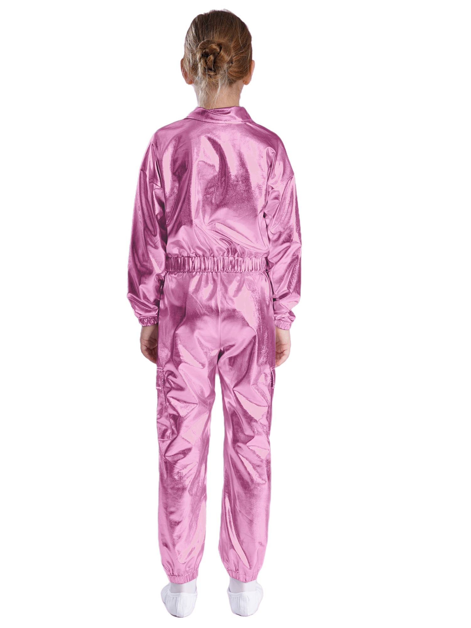 Kids 2pcs Metallic Long Sleeve Jacket and Shiny Pants Set for Jazz Dance