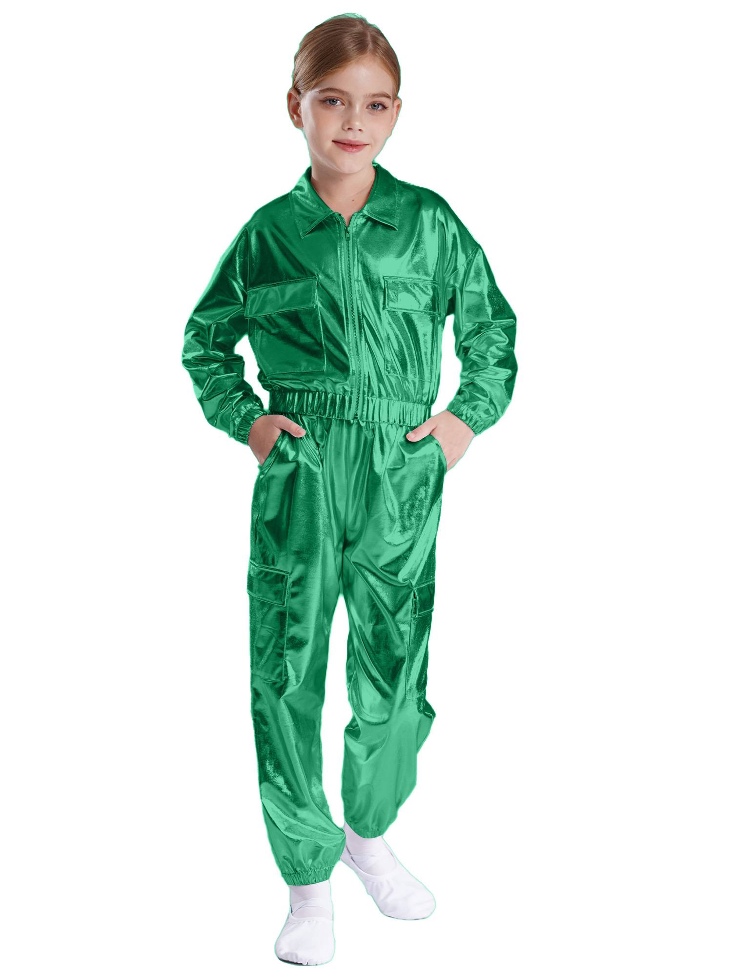 Kids 2pcs Metallic Long Sleeve Jacket and Shiny Pants Set for Jazz Dance