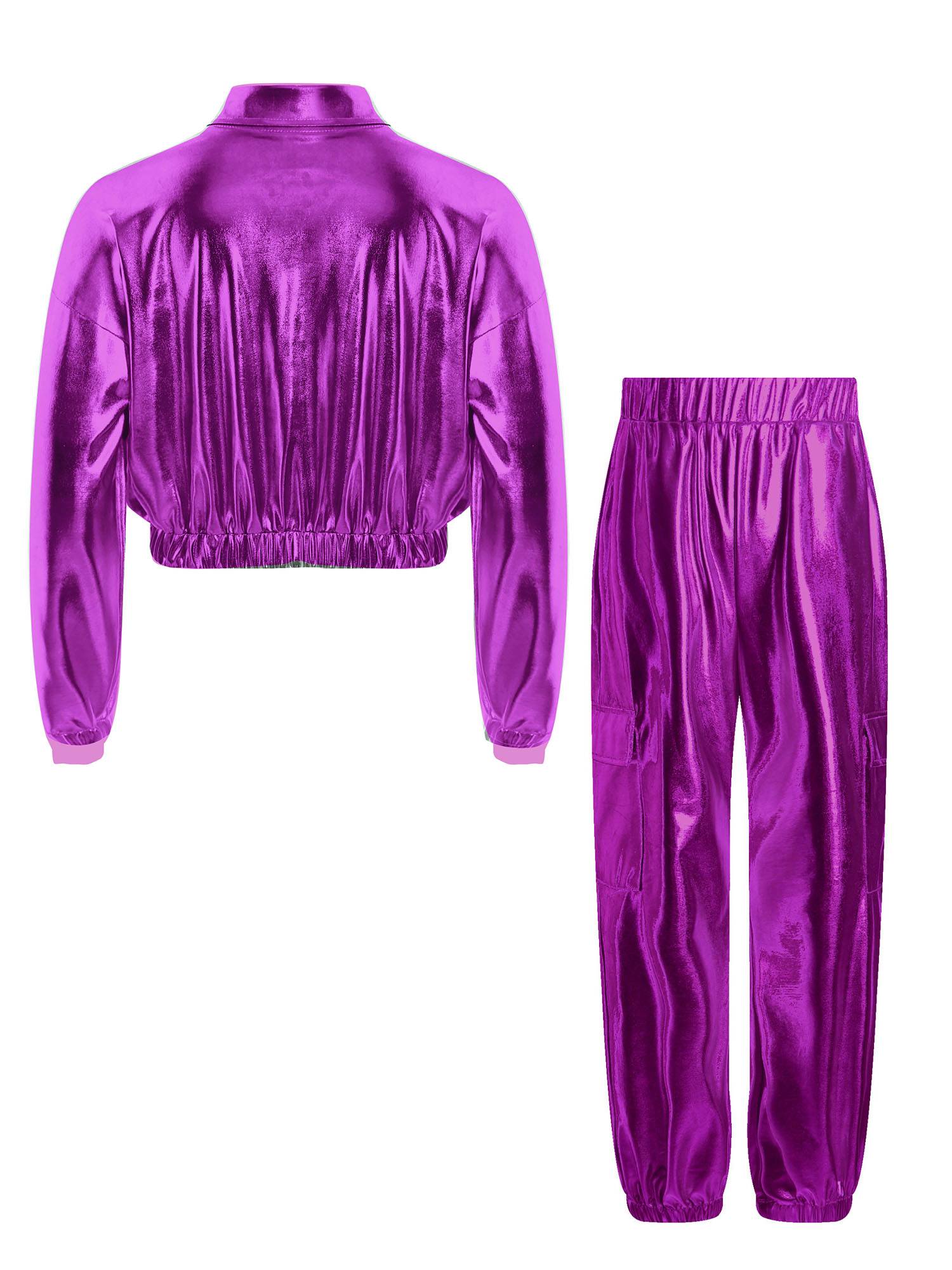 Kids 2pcs Metallic Long Sleeve Jacket and Shiny Pants Set for Jazz Dance