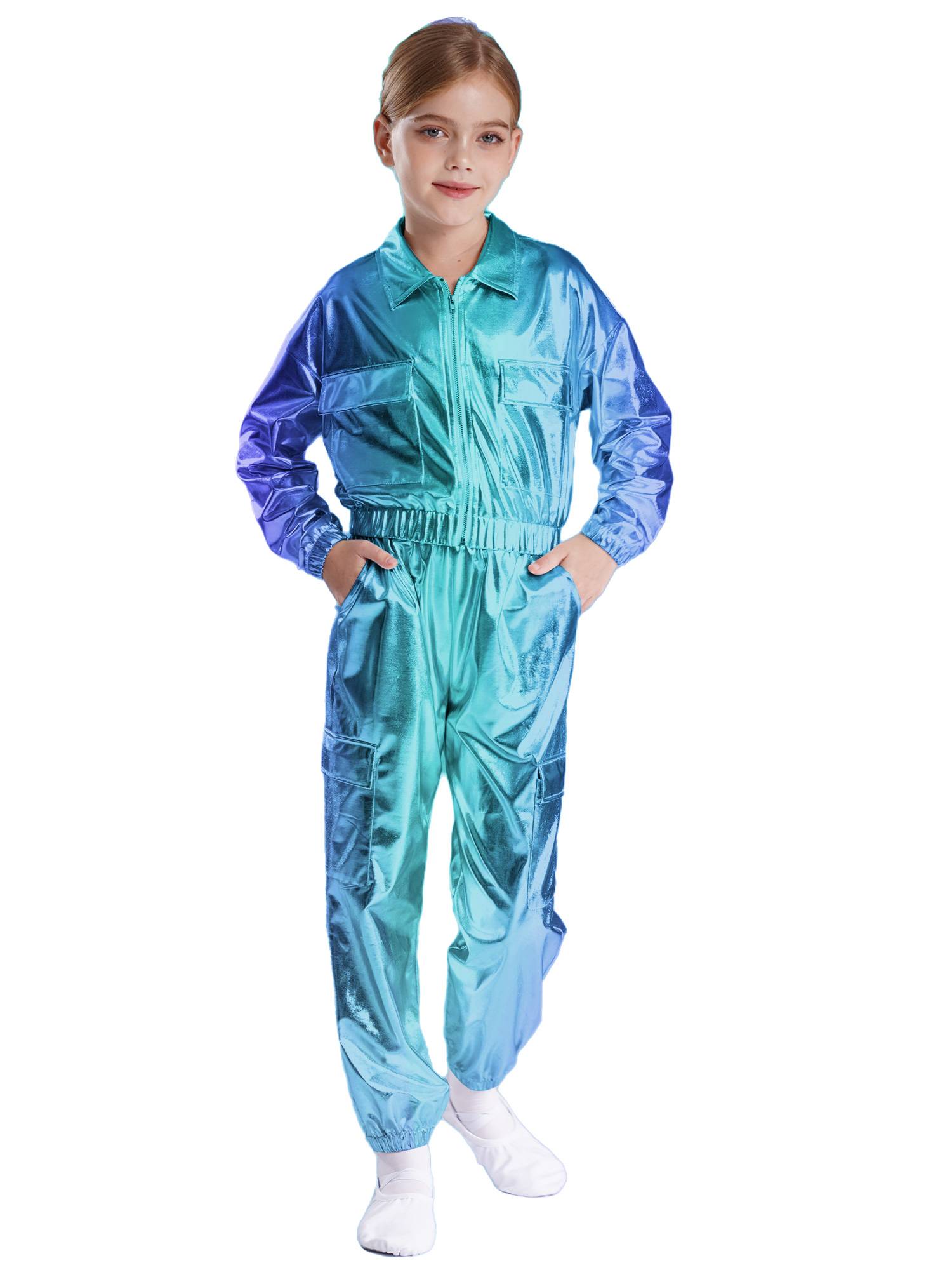Kids 2pcs Metallic Long Sleeve Jacket and Shiny Pants Set for Jazz Dance