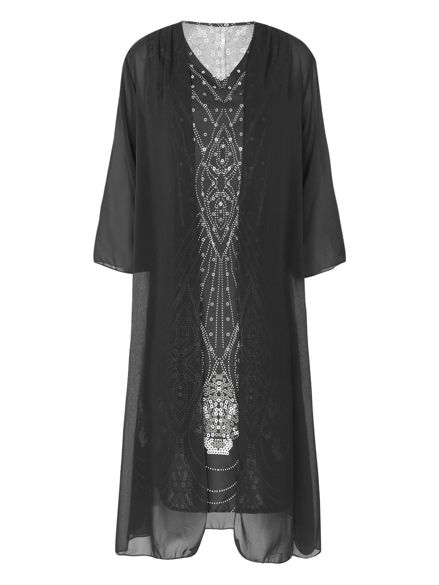 Women 2pcs V Neck Tank Dress with Long Sleeve Tulle Cover Up Set