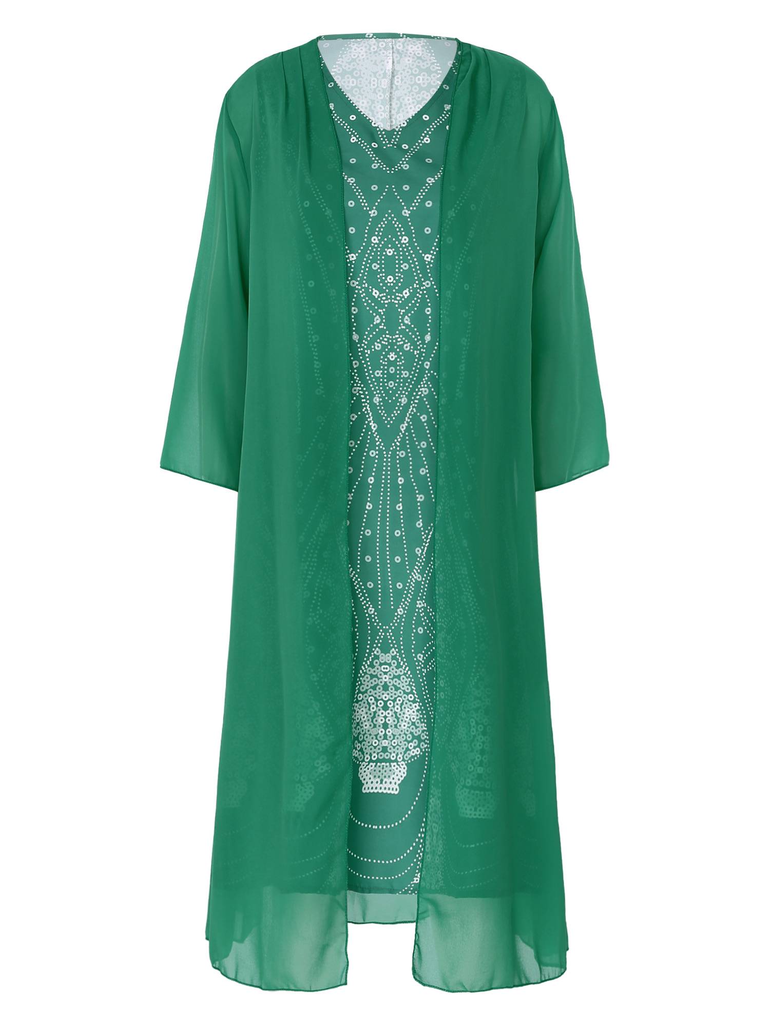 Women 2pcs V Neck Tank Dress with Long Sleeve Tulle Cover Up Set