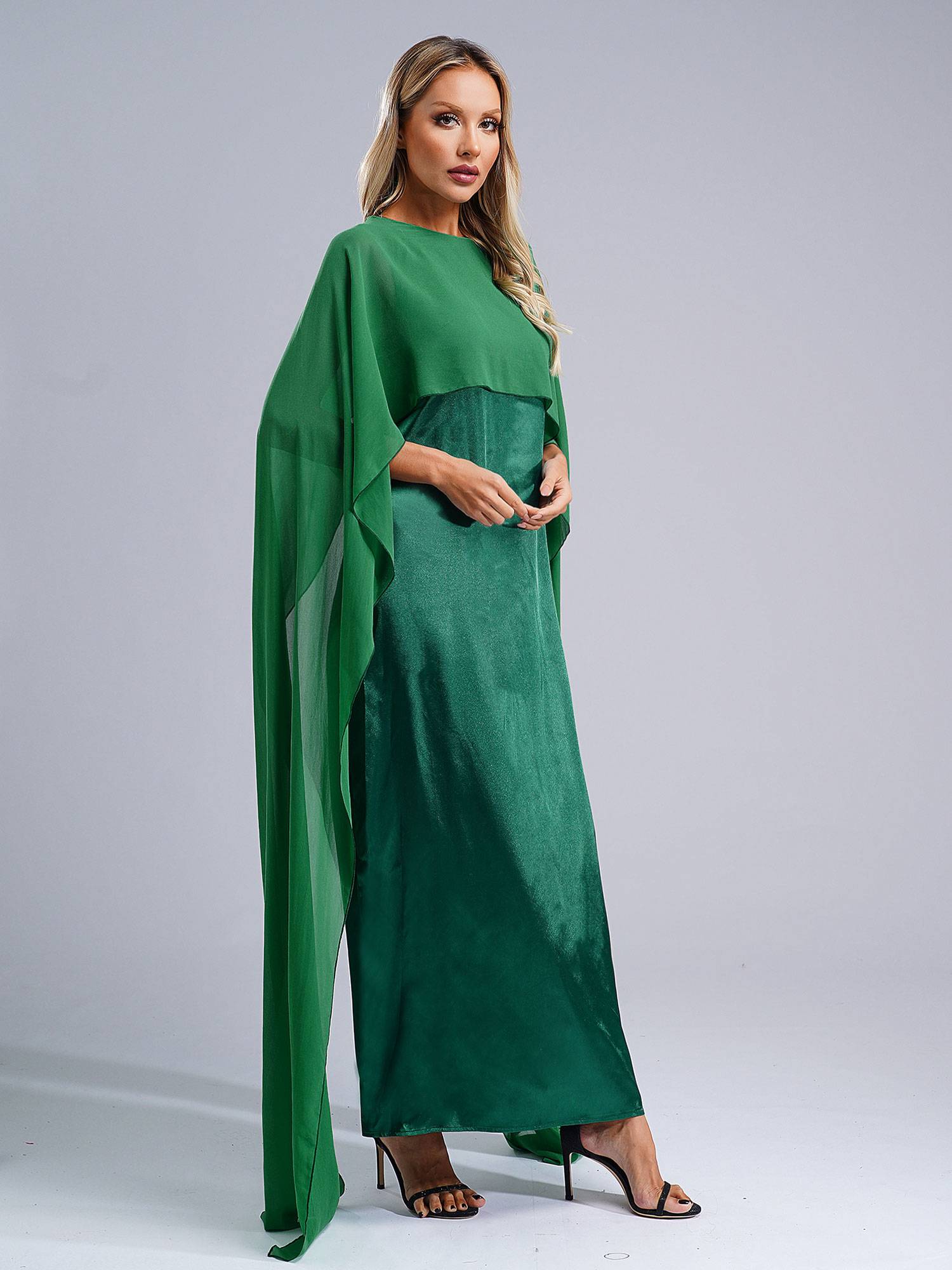 Women Long Robe Round Neck Satin Party Dress with Chiffon Cape