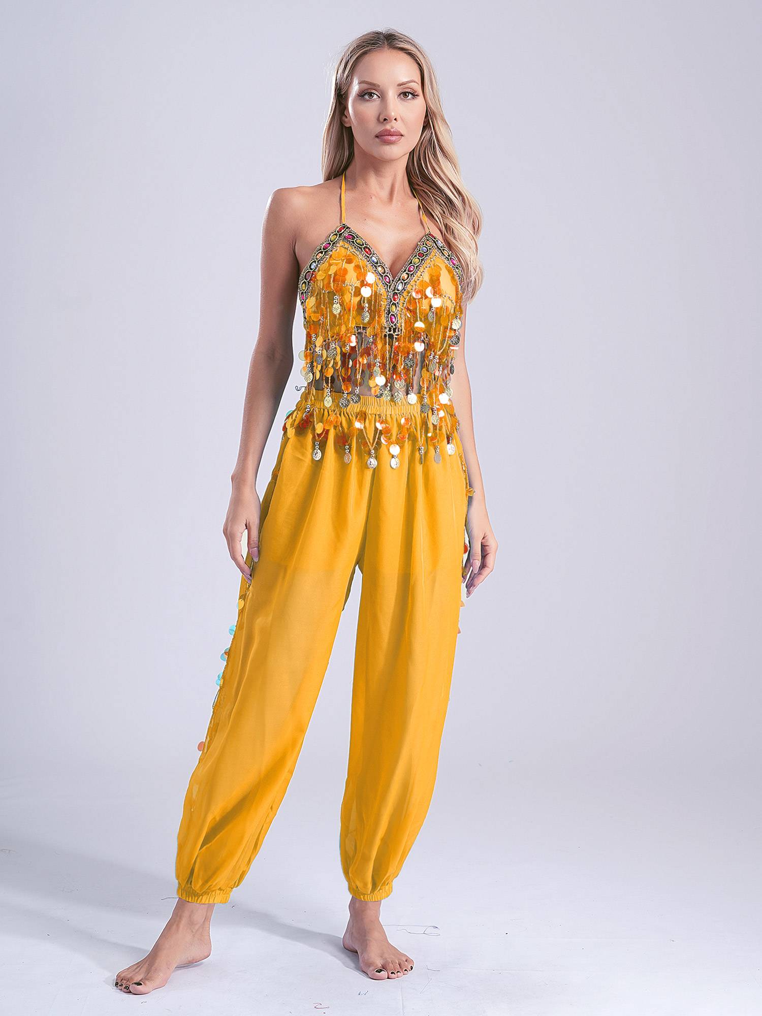 Women 2pcs Sequins Tassel Padded Crop Top and Pants Belly Dance Outfit