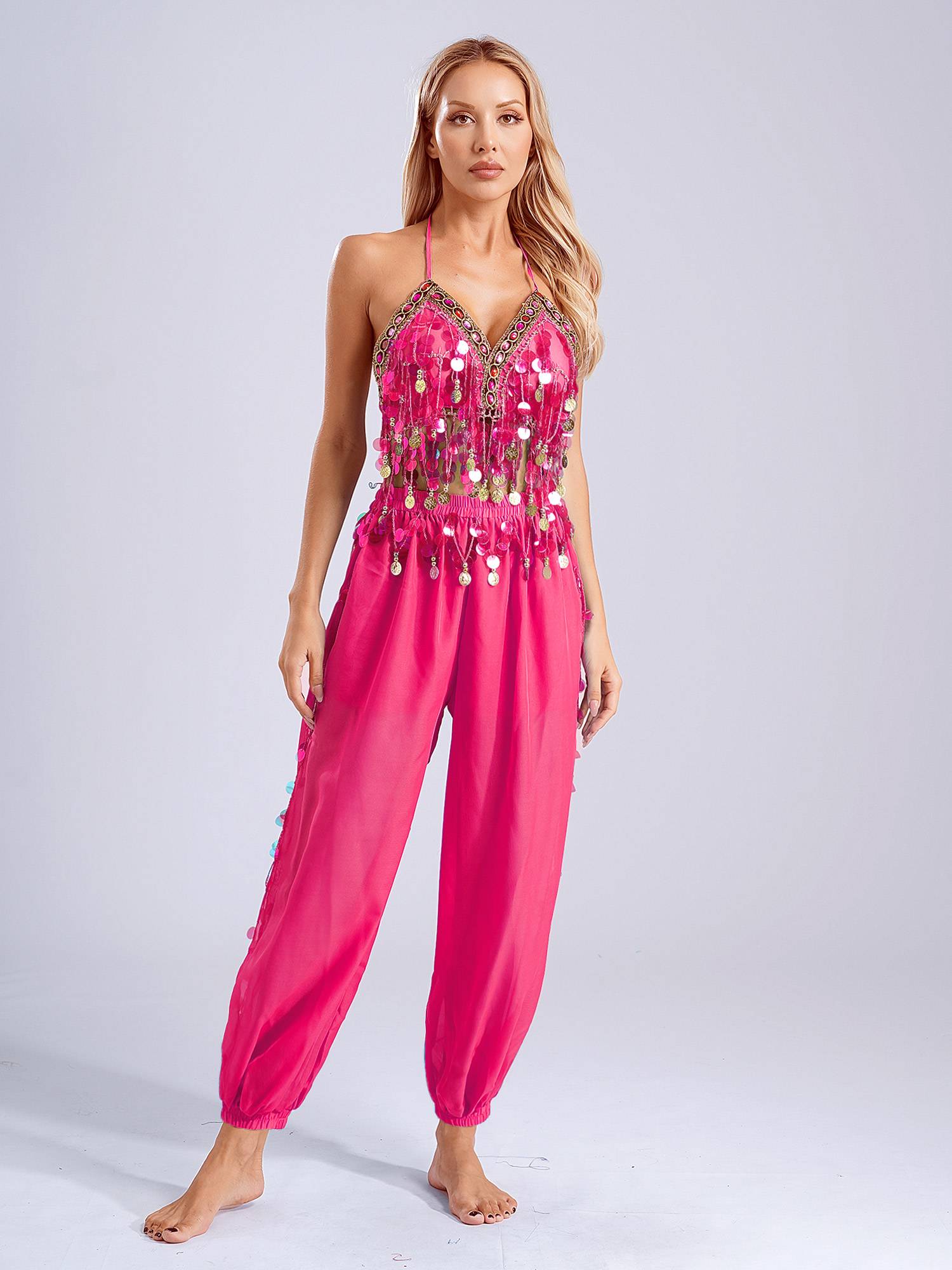 Women 2pcs Sequins Tassel Padded Crop Top and Pants Belly Dance Outfit