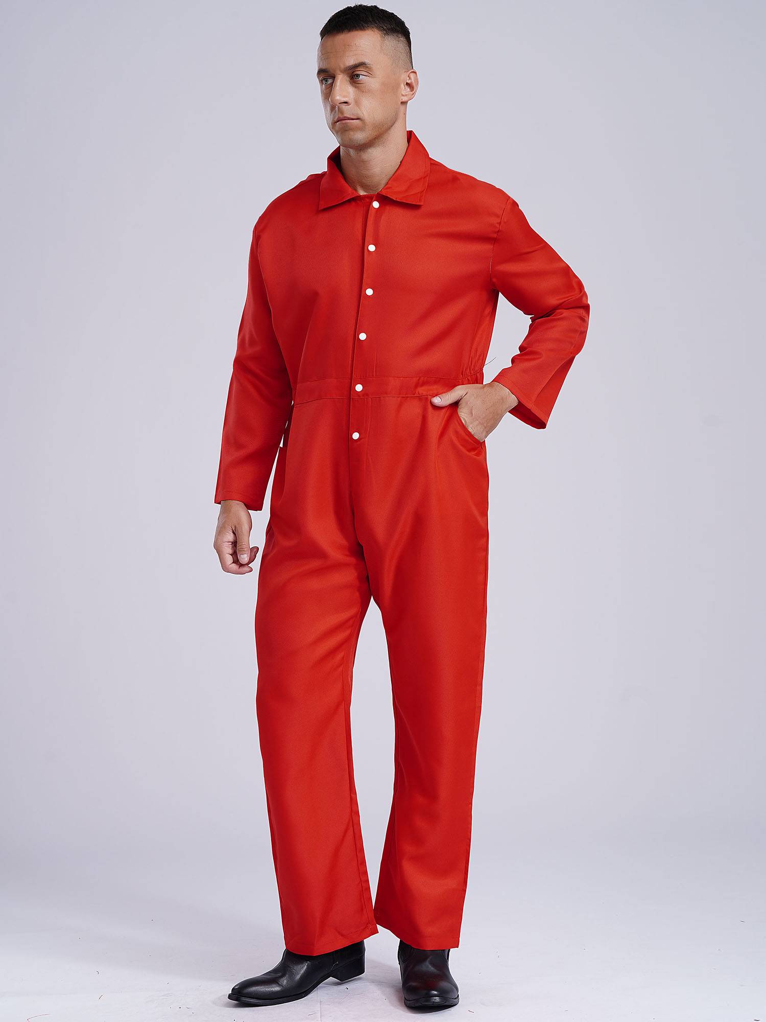 Men Turn-down Collar Long Sleeve Button-up Worker Coveralls Jumpsuit